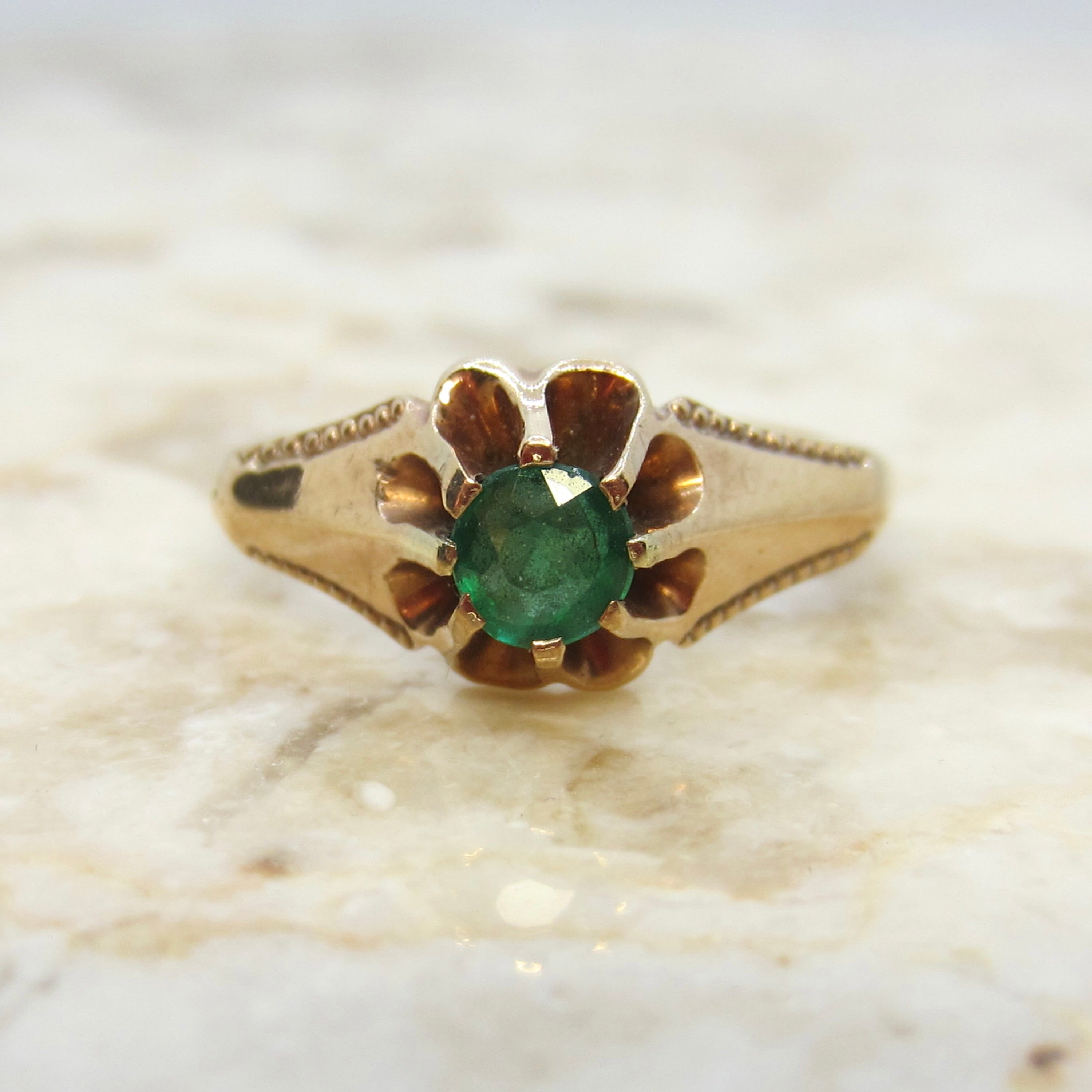 Vintage Victorian Revival Style 14k Gold Emerald Solitaire Ring c.1940s