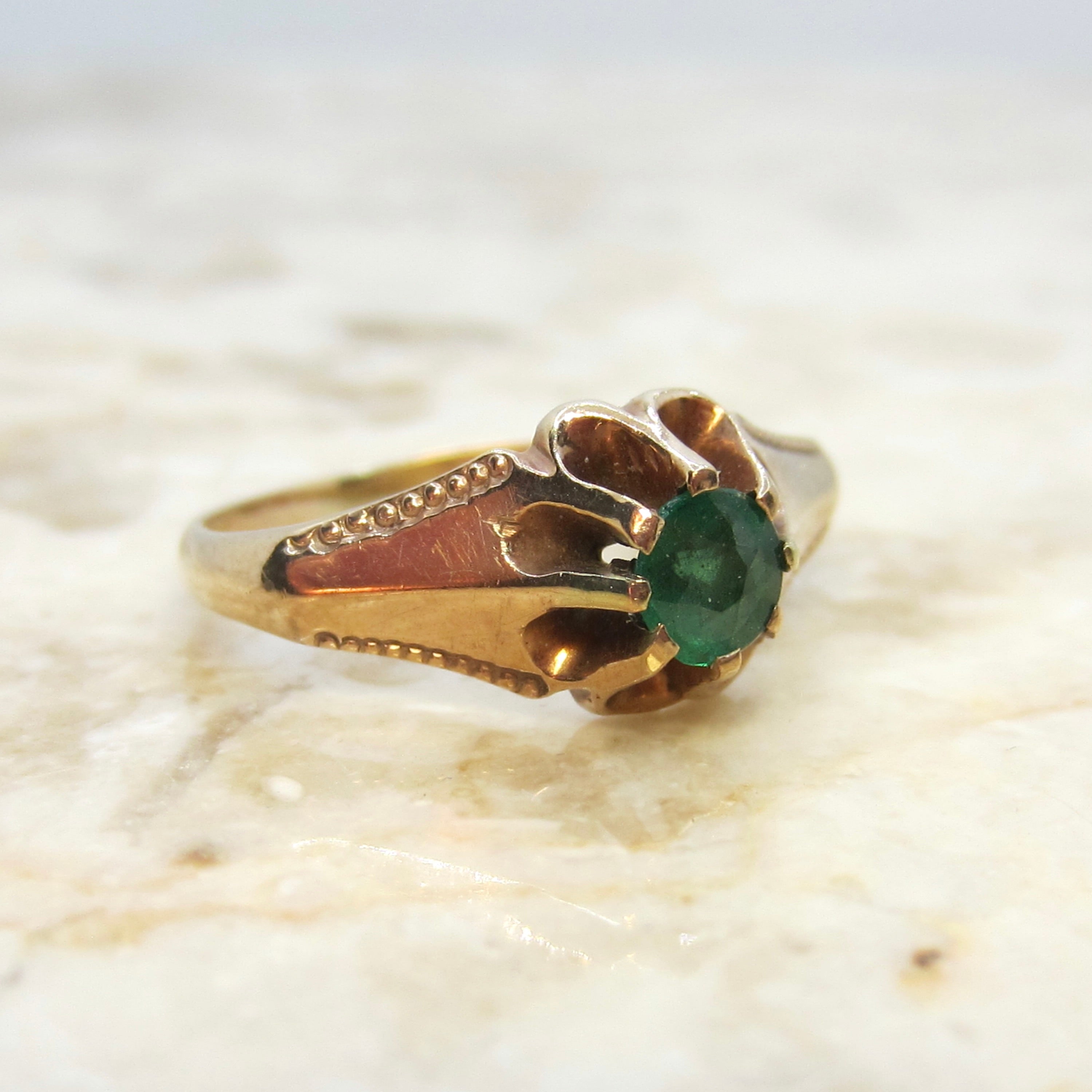 Vintage Victorian Revival Style 14k Gold Emerald Solitaire Ring c.1940s