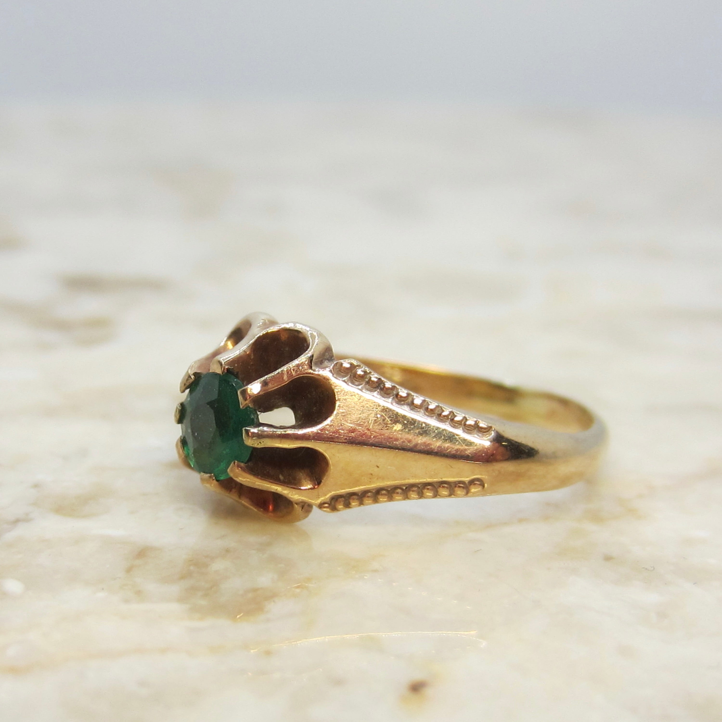 Vintage Victorian Revival Style 14k Gold Emerald Solitaire Ring c.1940s