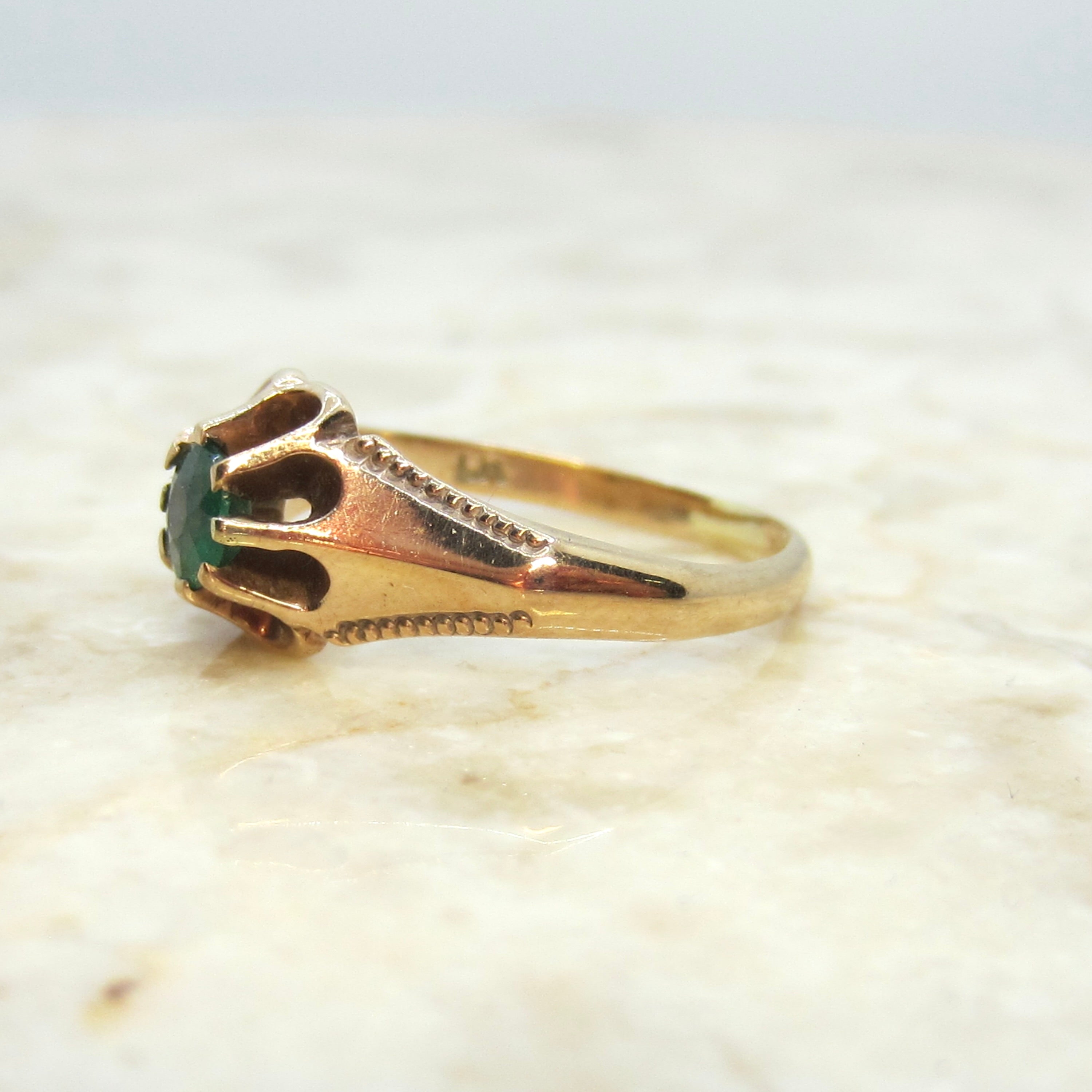 Vintage Victorian Revival Style 14k Gold Emerald Solitaire Ring c.1940s