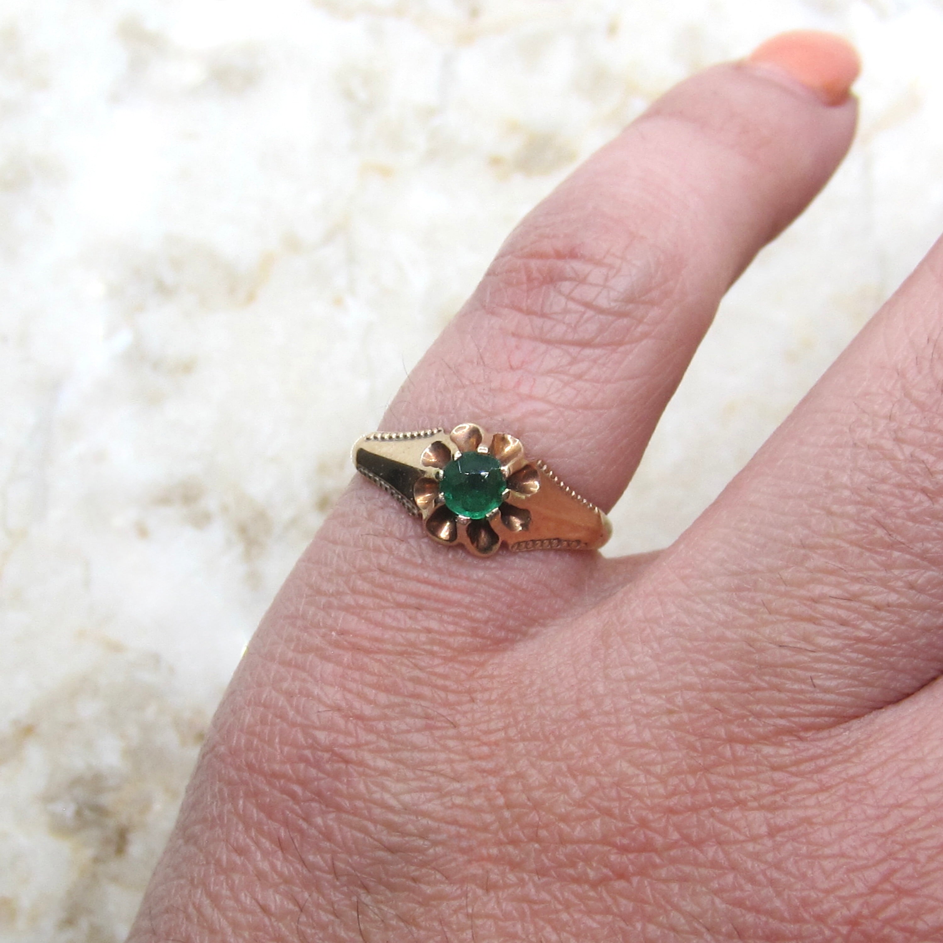 Vintage Victorian Revival Style 14k Gold Emerald Solitaire Ring c.1940s