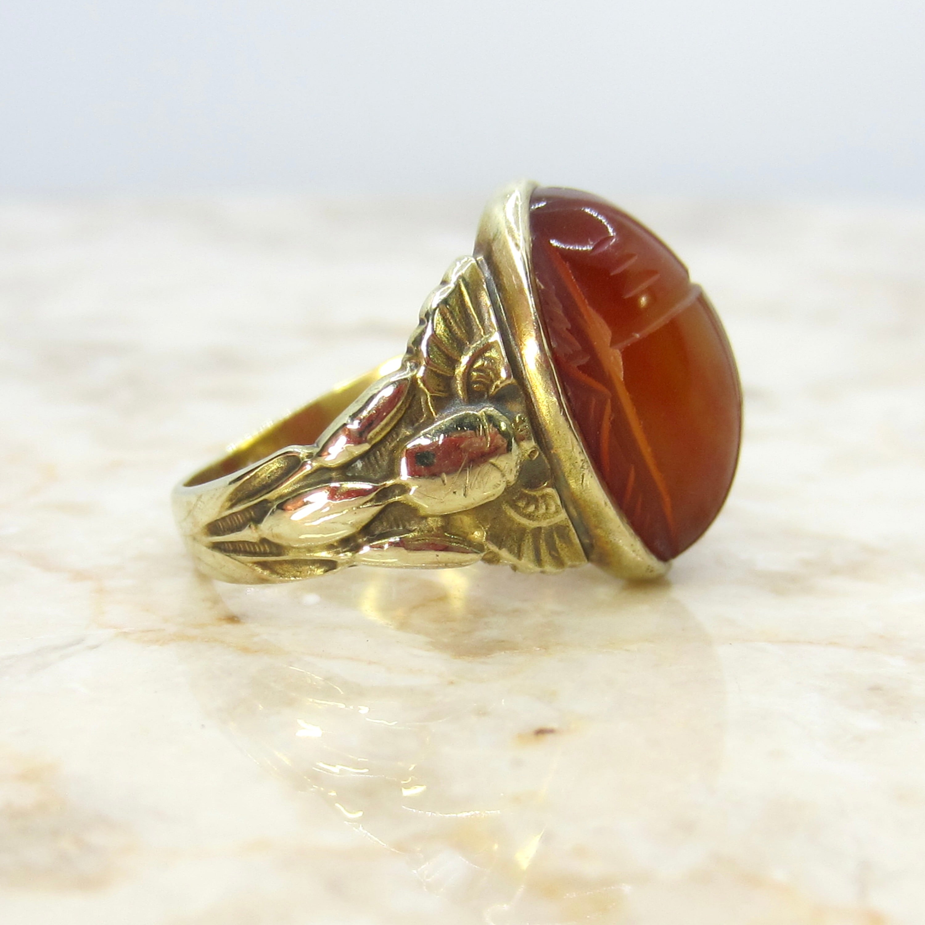 Antique Egyptian Revival Winged Scarab Ring 10k Gold With Carnelian Scarab c.1920s