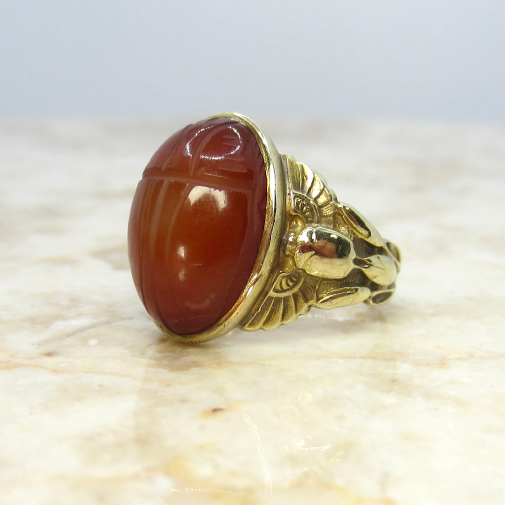 Antique Egyptian Revival Winged Scarab Ring 10k Gold With Carnelian Scarab c.1920s