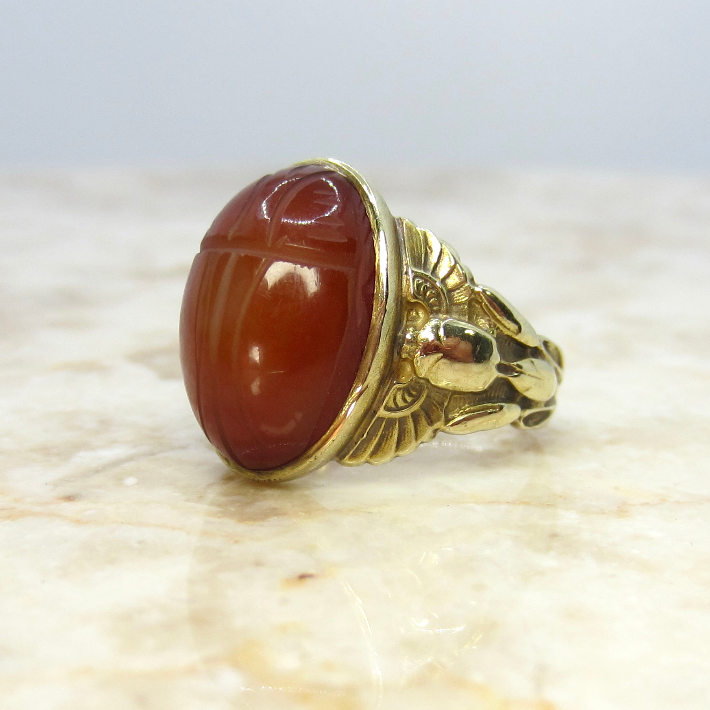 Antique Egyptian Revival Winged Scarab Ring 10k Gold With Carnelian Scarab c.1920s
