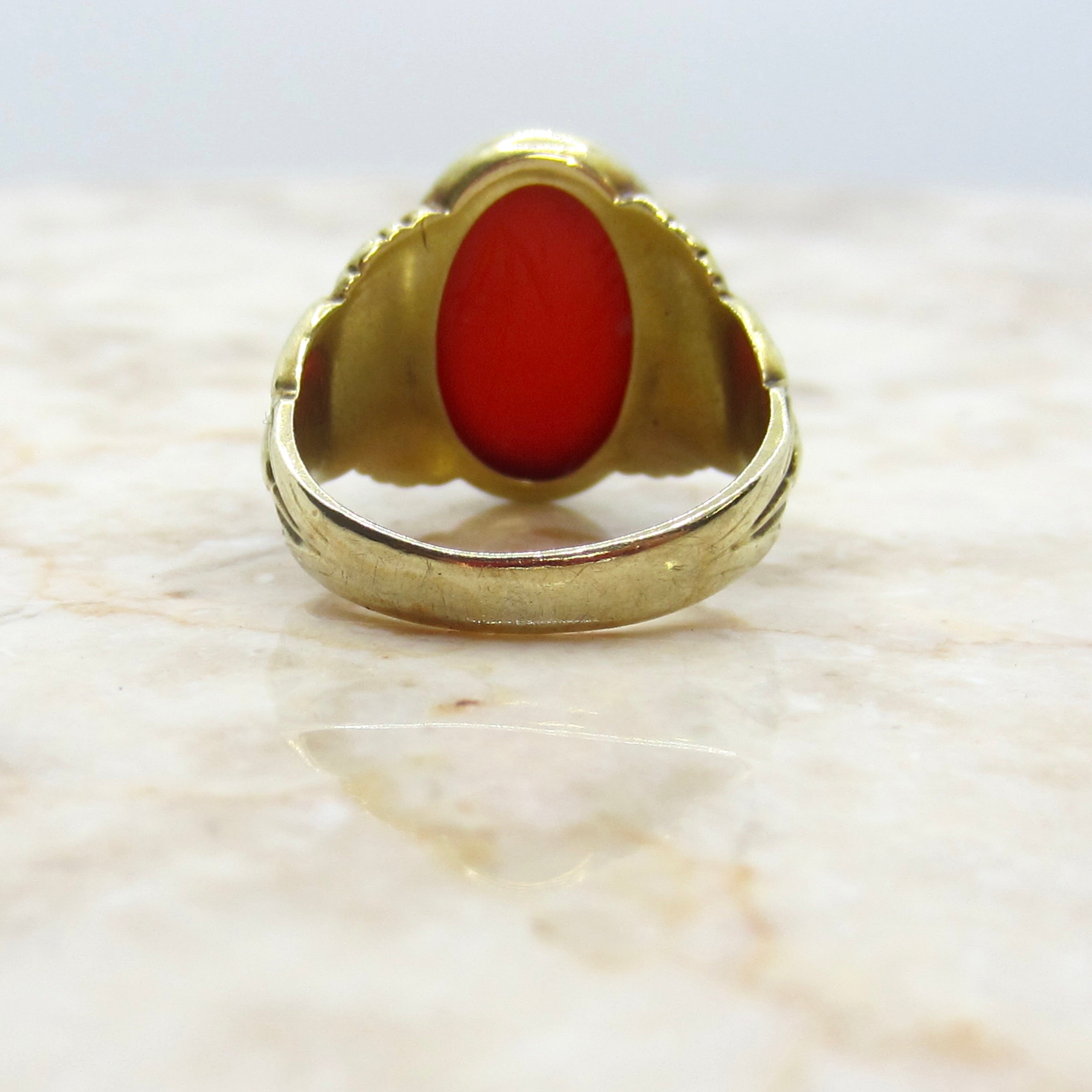 Antique Egyptian Revival Winged Scarab Ring 10k Gold With Carnelian Scarab c.1920s