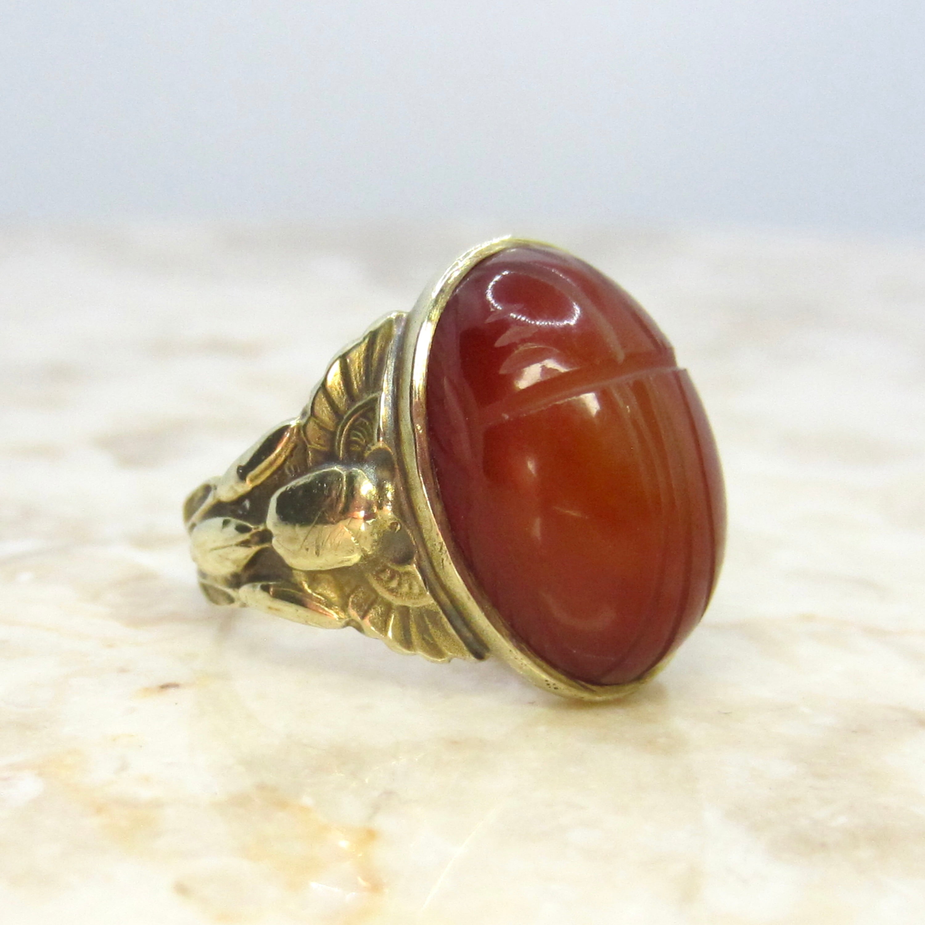 Antique Egyptian Revival Winged Scarab Ring 10k Gold With Carnelian Scarab c.1920s