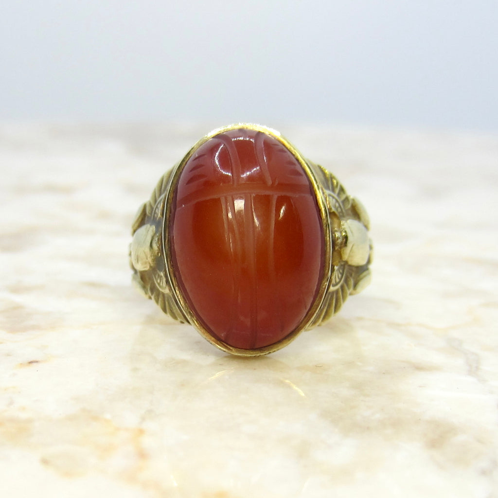 Antique Egyptian Revival Winged Scarab Ring 10k Gold With Carnelian Scarab c.1920s