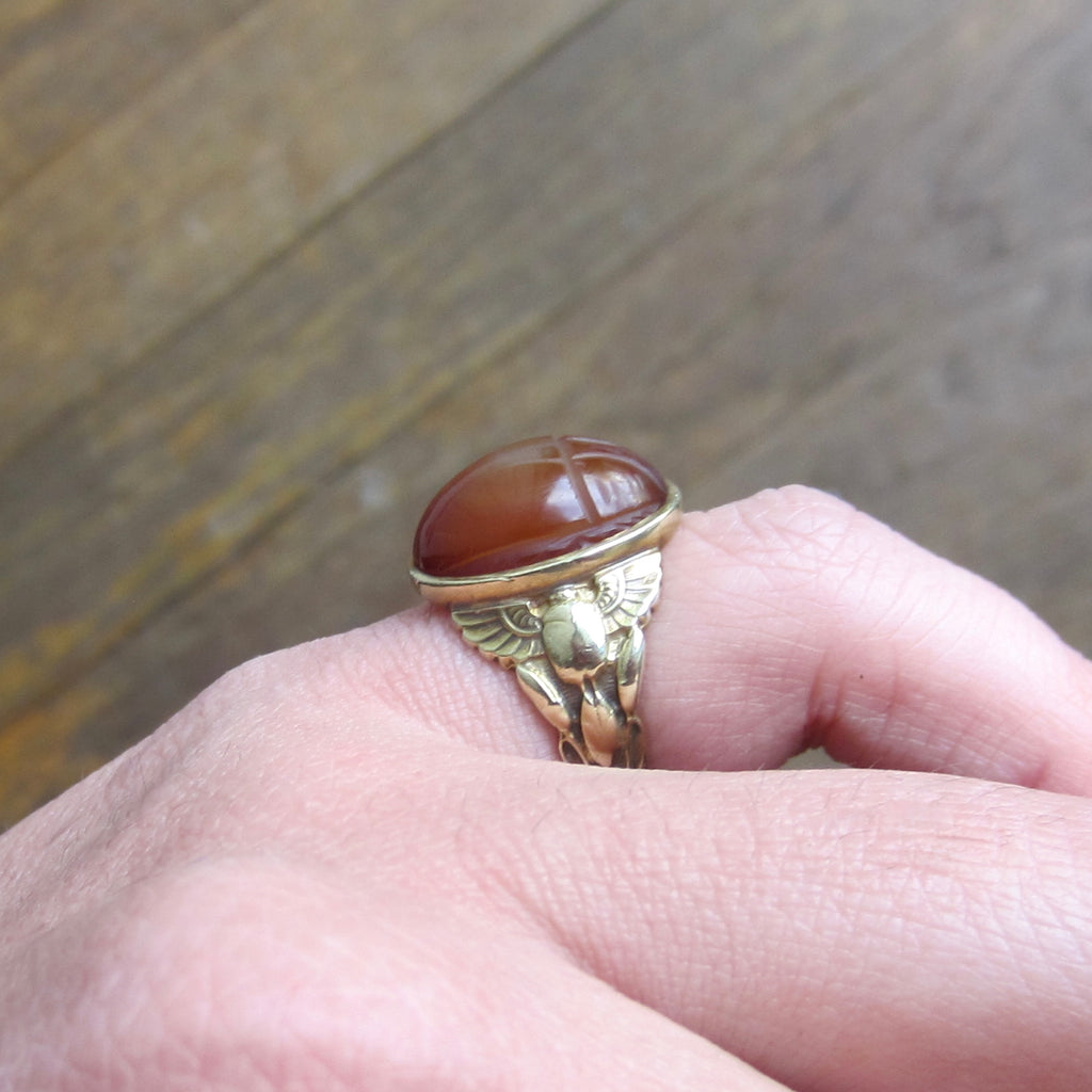 Antique Egyptian Revival Winged Scarab Ring 10k Gold With Carnelian Scarab c.1920s