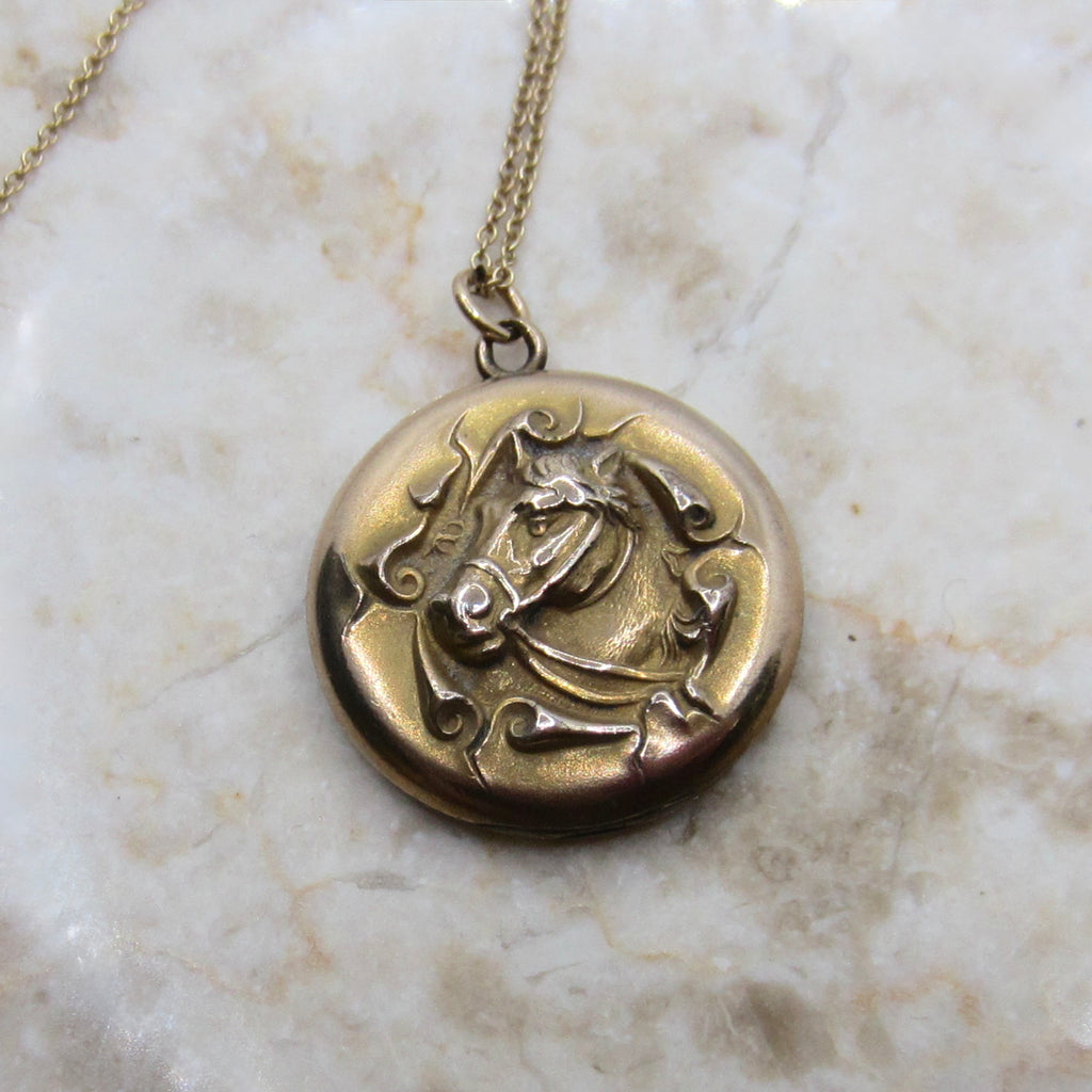 Antique Horse Locket- Edwardian Era Gold Filled Equestrian Jewelry c.1900