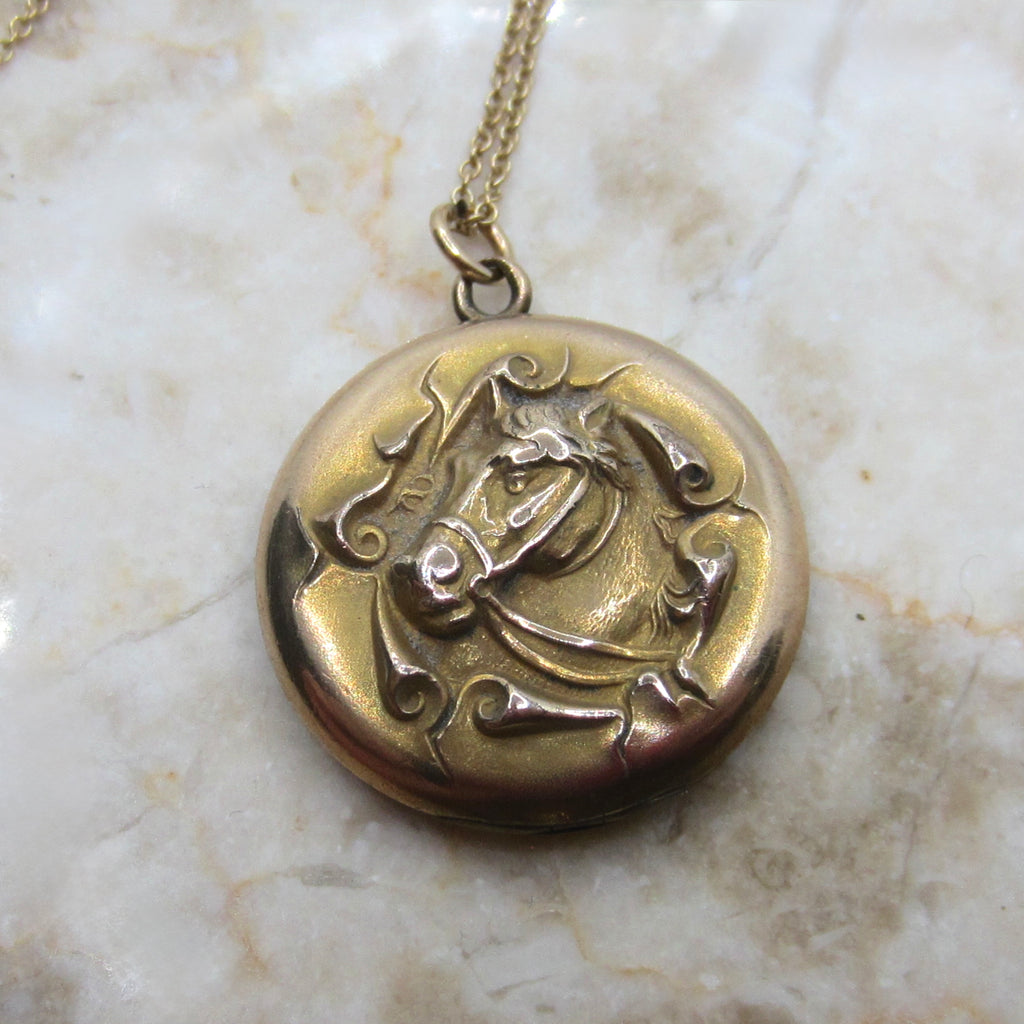 Antique Horse Locket- Edwardian Era Gold Filled Equestrian Jewelry c.1900
