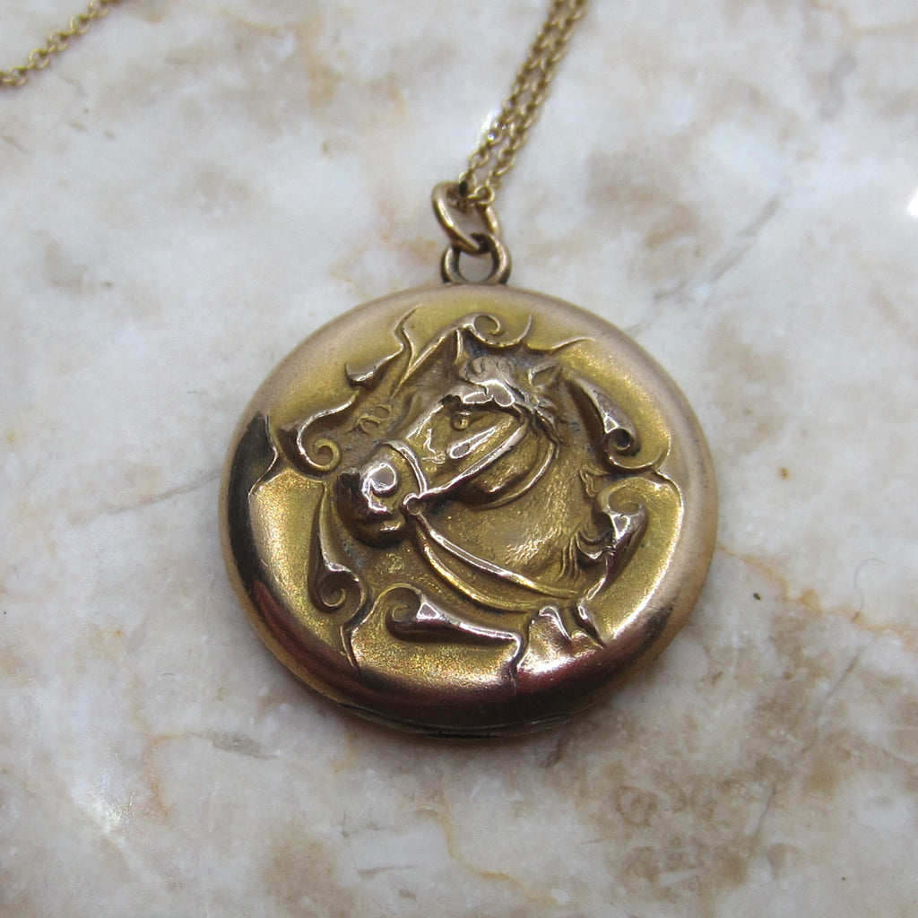 Antique Horse Locket- Edwardian Era Gold Filled Equestrian Jewelry c.1900