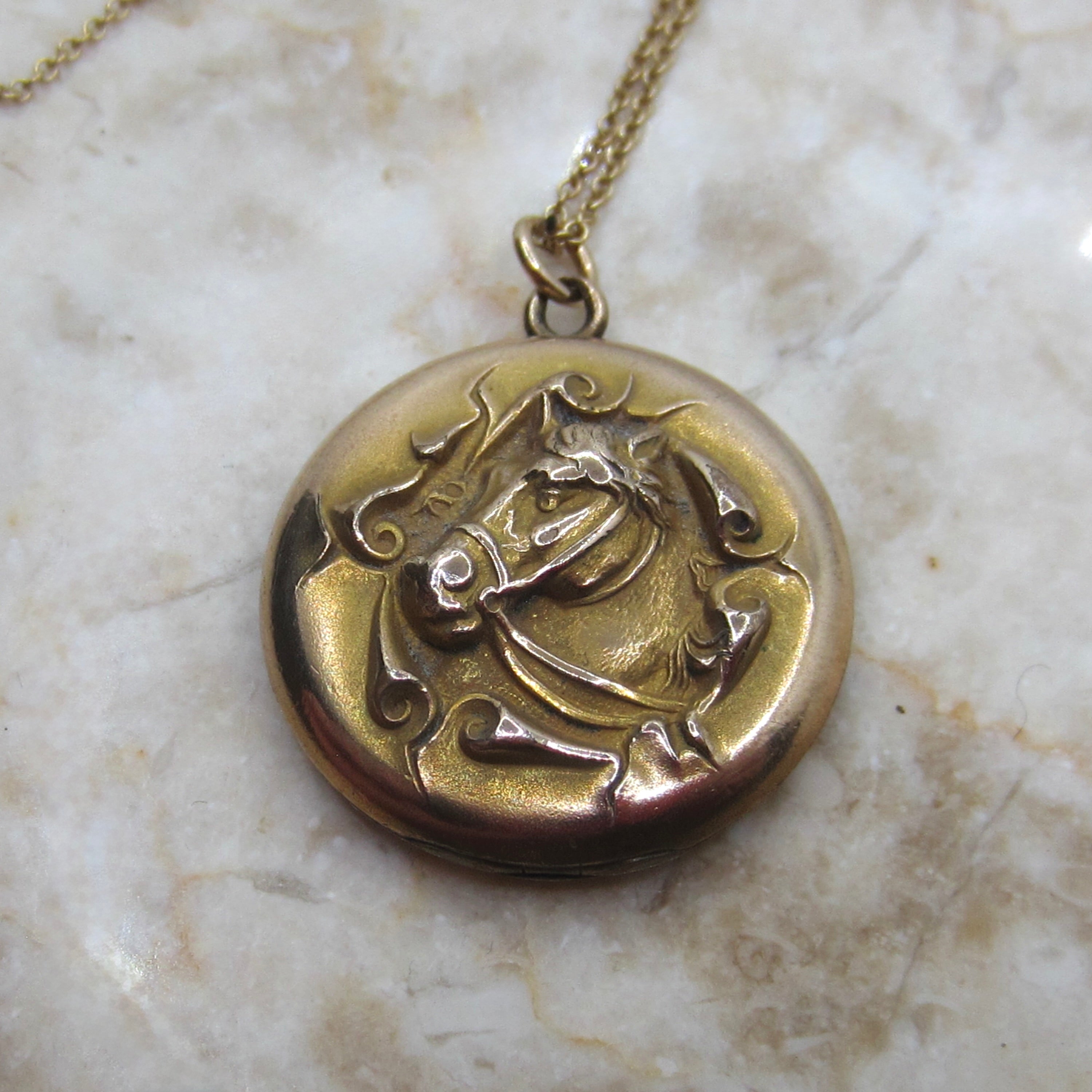 Antique Horse Locket- Edwardian Era Gold Filled Equestrian Jewelry c.1900