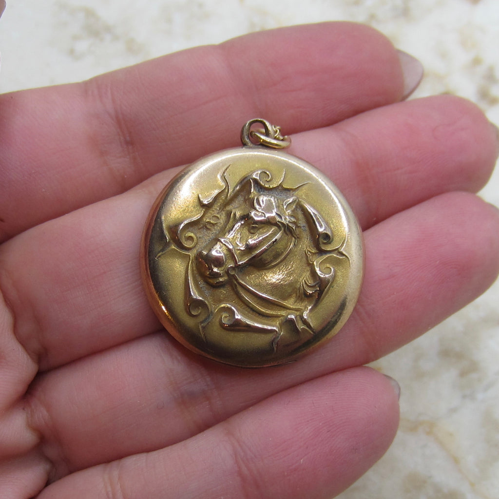 Antique Horse Locket- Edwardian Era Gold Filled Equestrian Jewelry c.1900