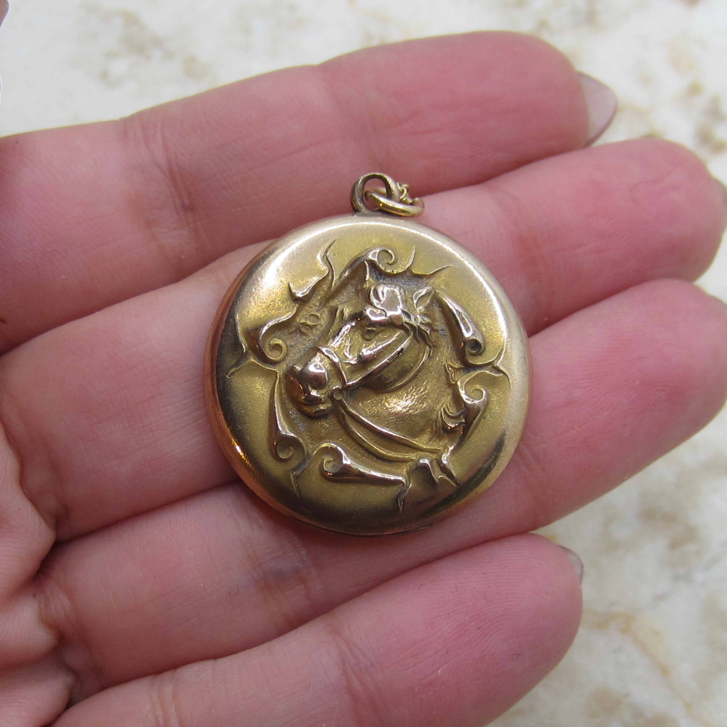 Antique Horse Locket- Edwardian Era Gold Filled Equestrian Jewelry c.1900