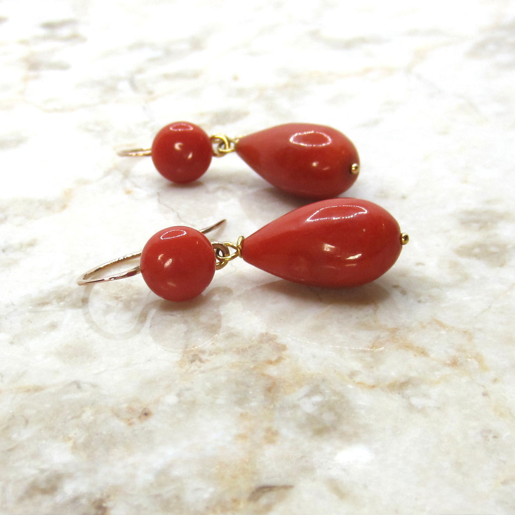Antique Victorian Coral Drop Earrings 18k Ear Wires c.1890s
