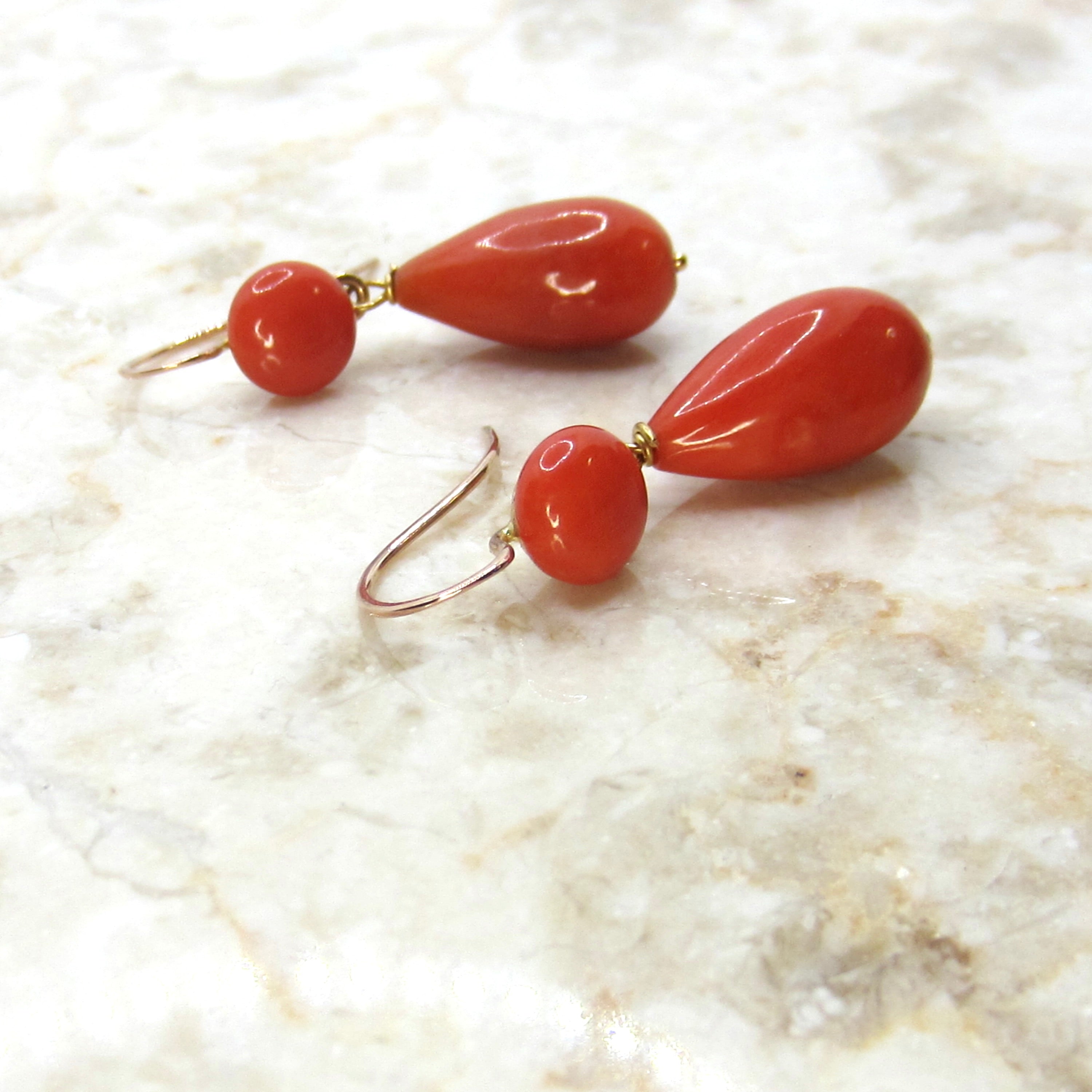 Antique Victorian Coral Drop Earrings 18k Ear Wires c.1890s