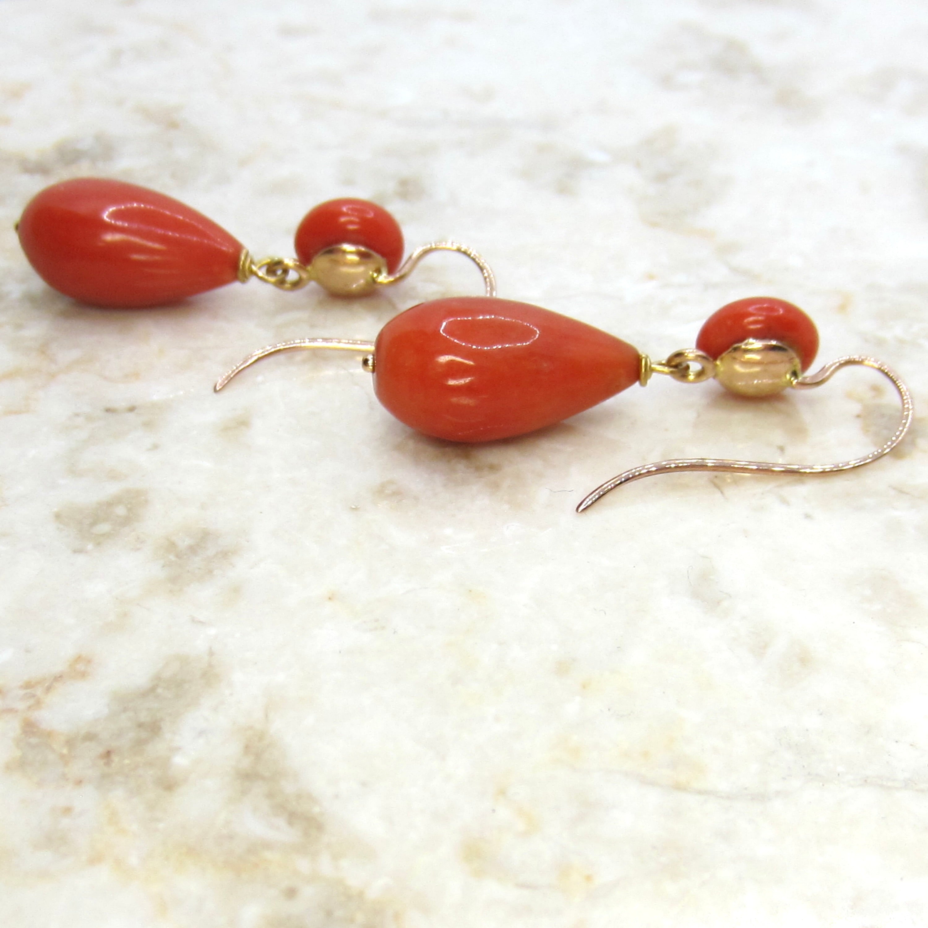 Antique Victorian Coral Drop Earrings 18k Ear Wires c.1890s