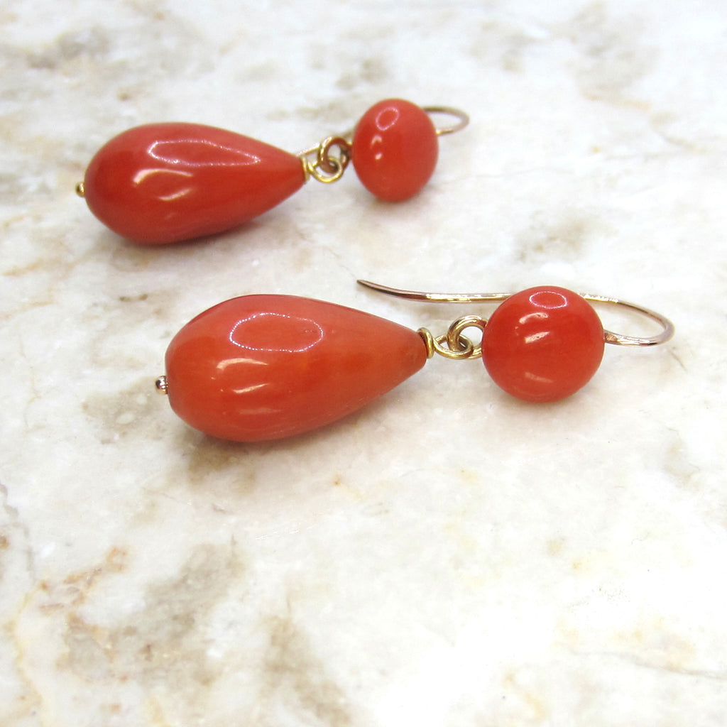 Antique Victorian Coral Drop Earrings 18k Ear Wires c.1890s