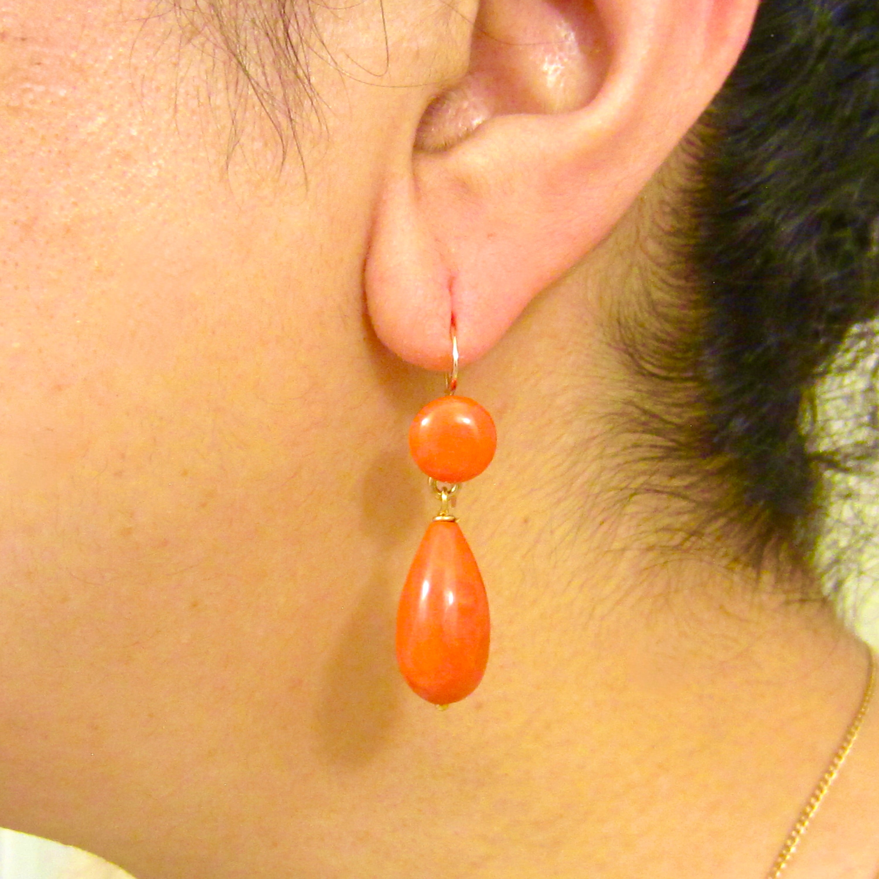 Antique Victorian Coral Drop Earrings 18k Ear Wires c.1890s