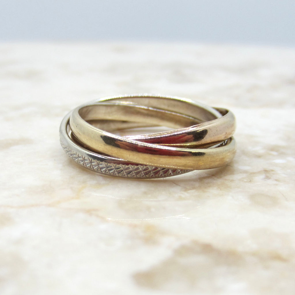 Vintage 14k Gold Triple Rolling Ring – Yellow & White Gold – Engraved Band