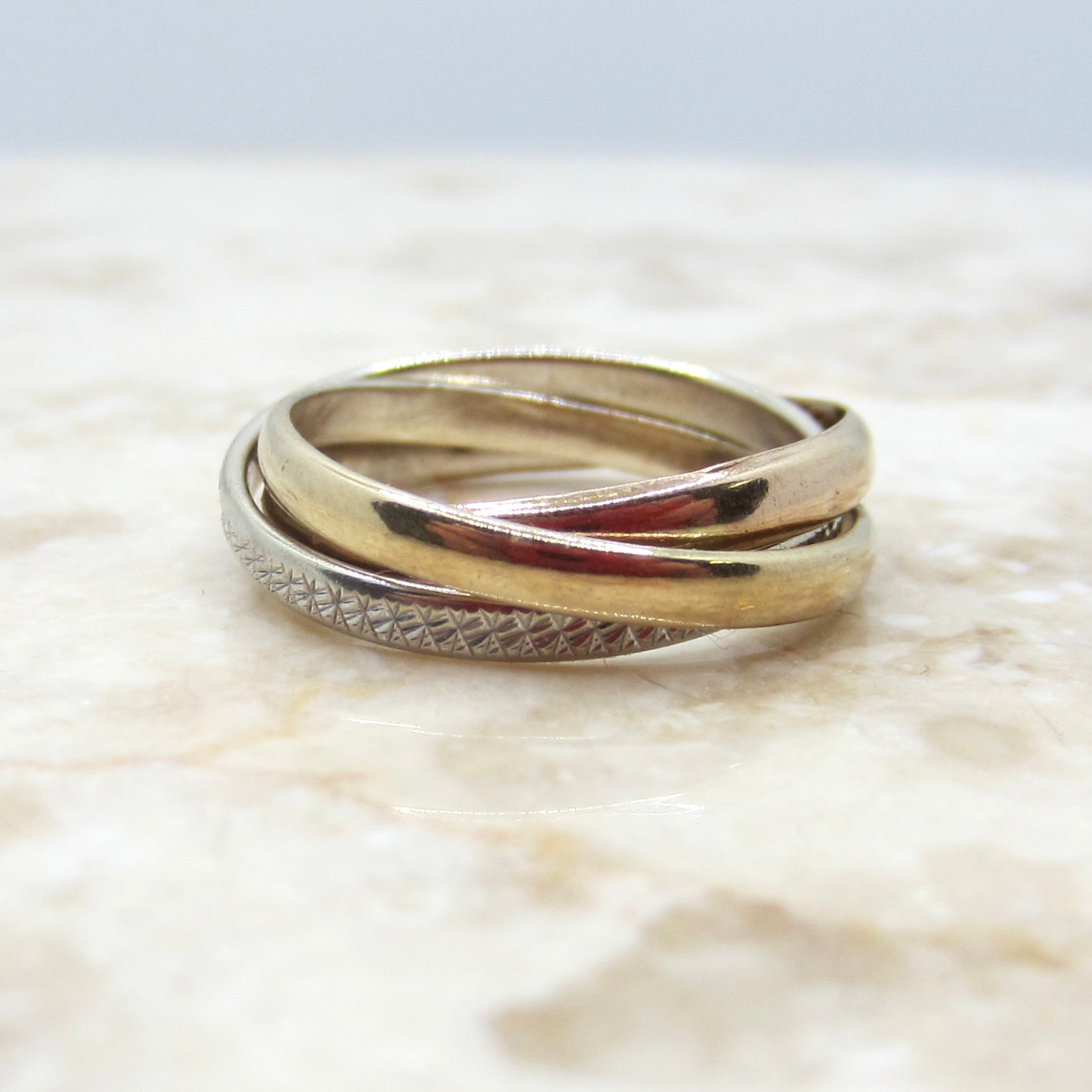 Vintage 14k Gold Triple Rolling Ring – Yellow & White Gold – Engraved Band