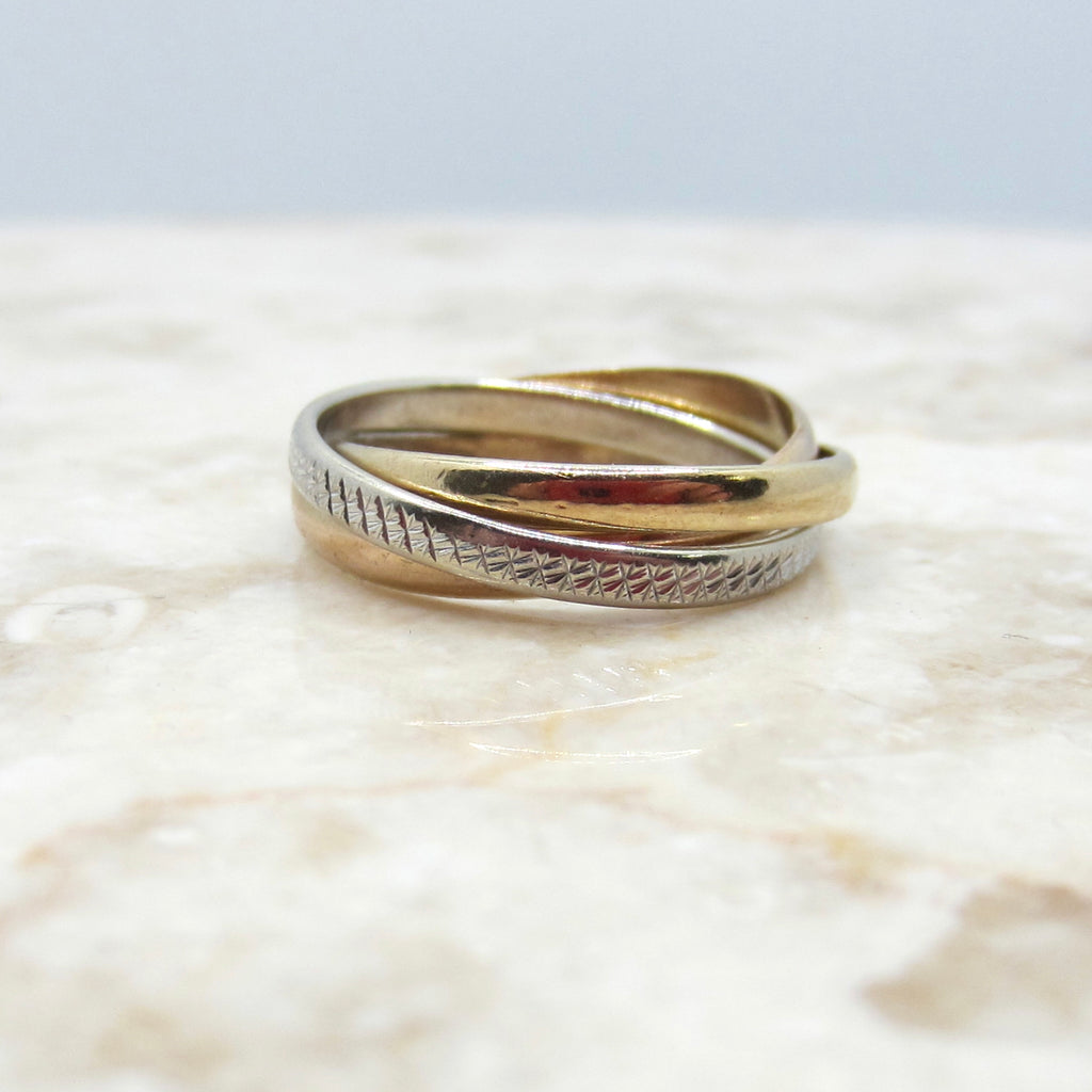 Vintage 14k Gold Triple Rolling Ring – Yellow & White Gold – Engraved Band