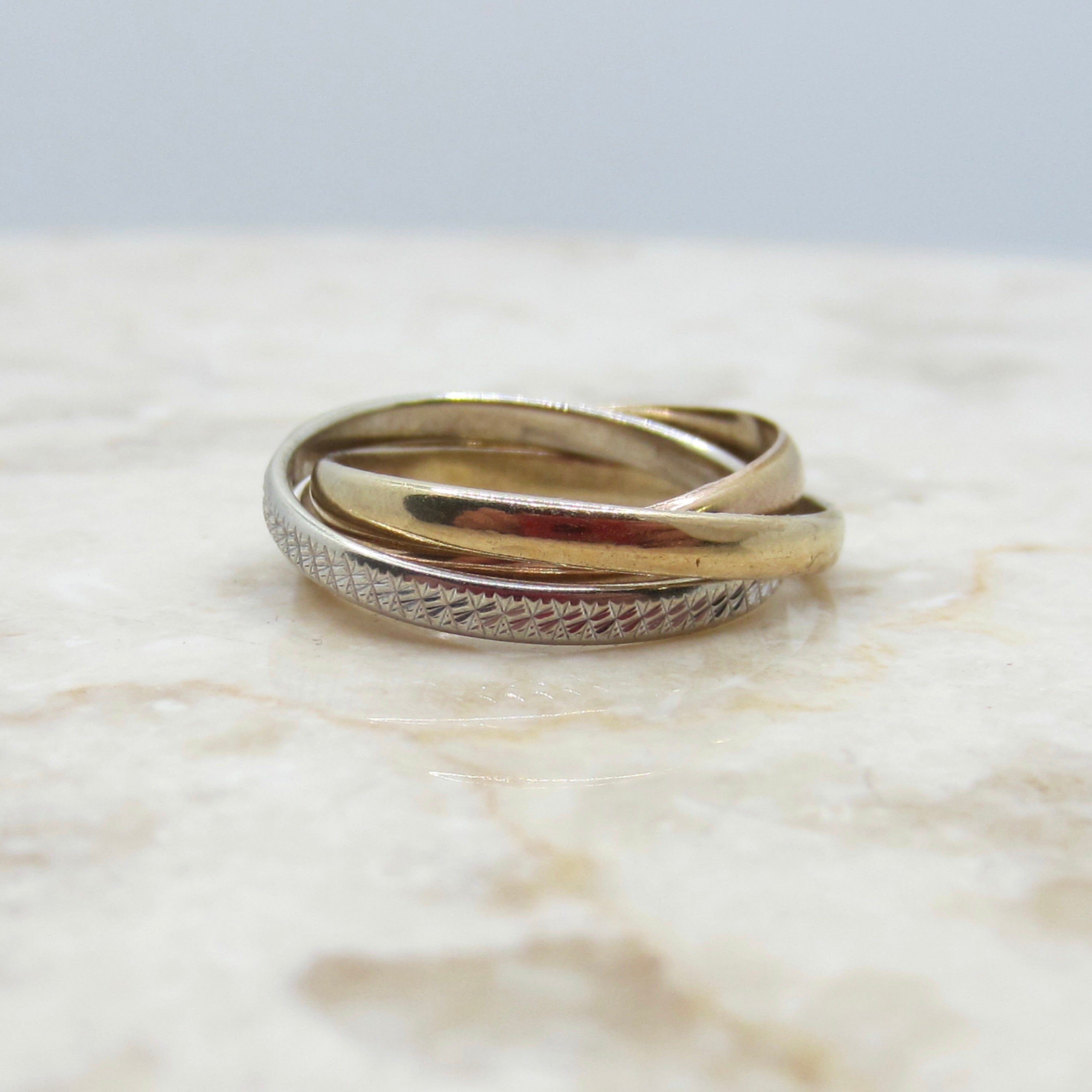 Vintage 14k Gold Triple Rolling Ring – Yellow & White Gold – Engraved Band