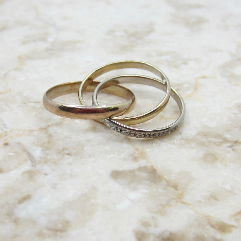 Vintage 14k Gold Triple Rolling Ring – Yellow & White Gold – Engraved Band