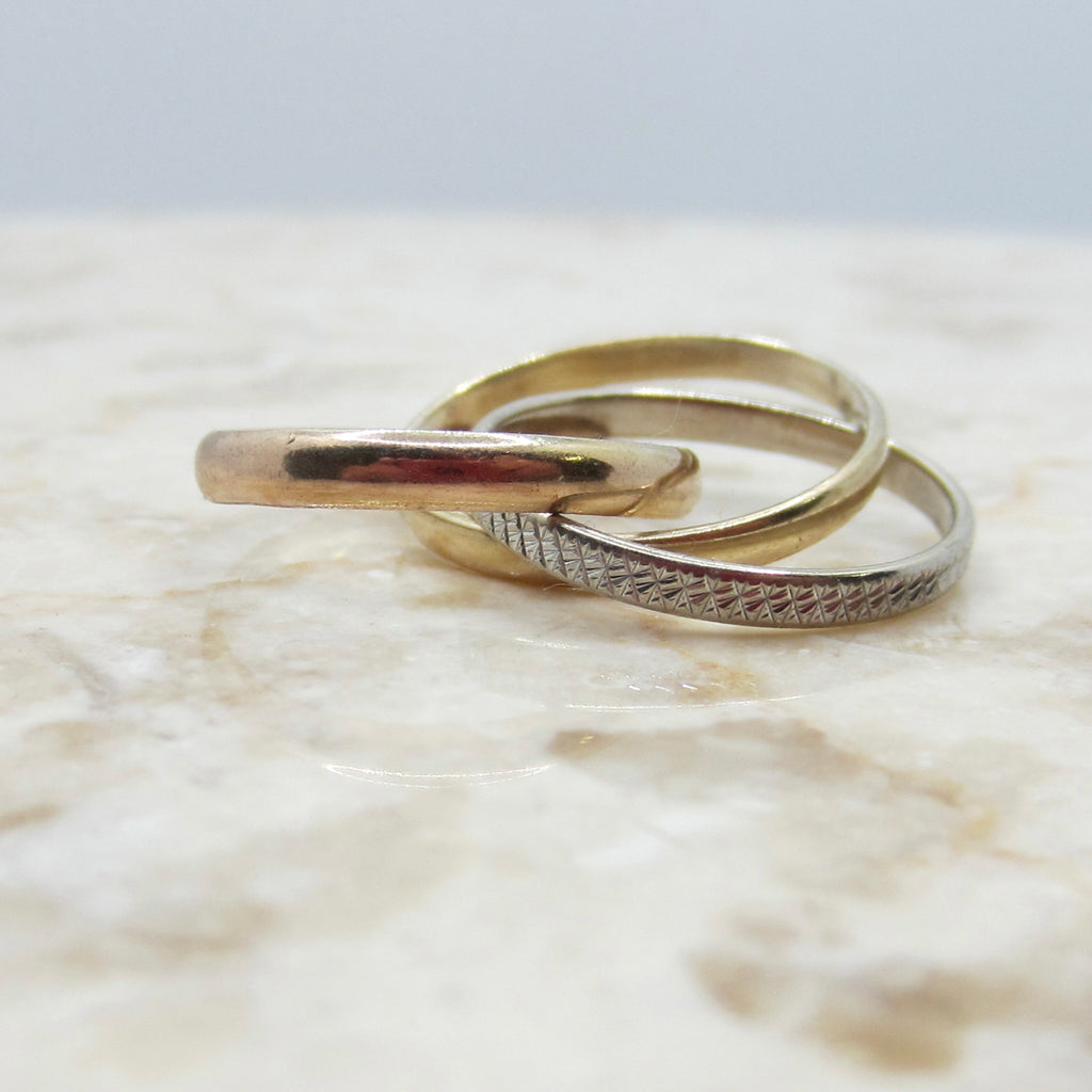 Vintage 14k Gold Triple Rolling Ring – Yellow & White Gold – Engraved Band