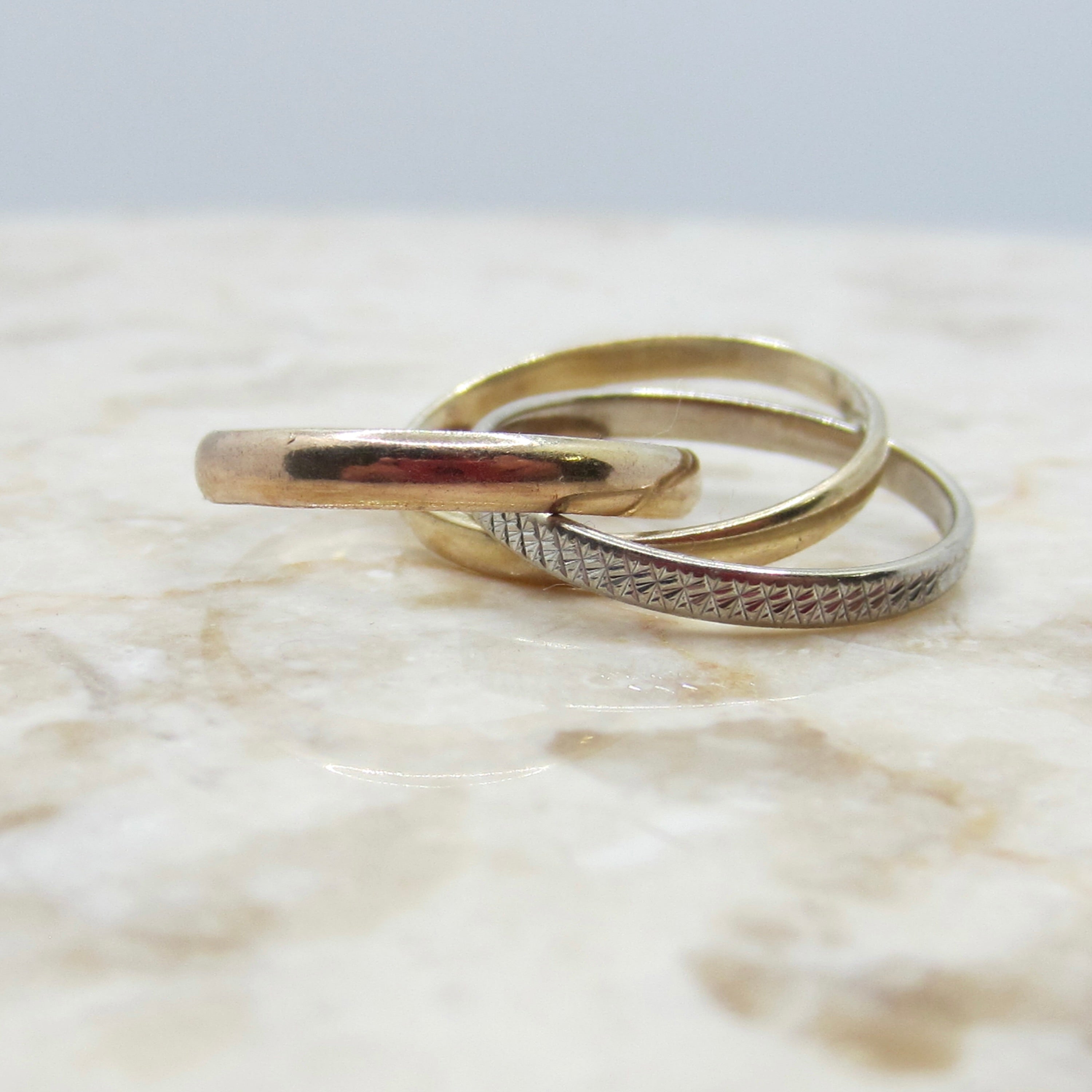 Vintage 14k Gold Triple Rolling Ring – Yellow & White Gold – Engraved Band
