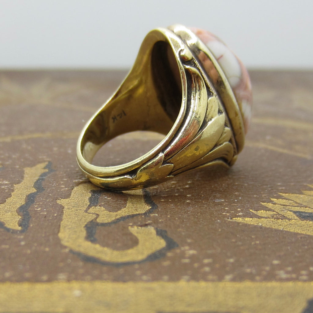 Antique Art Deco Egyptian Revival Lotus Flower Pink Ocean Jasper Ring c.1920s