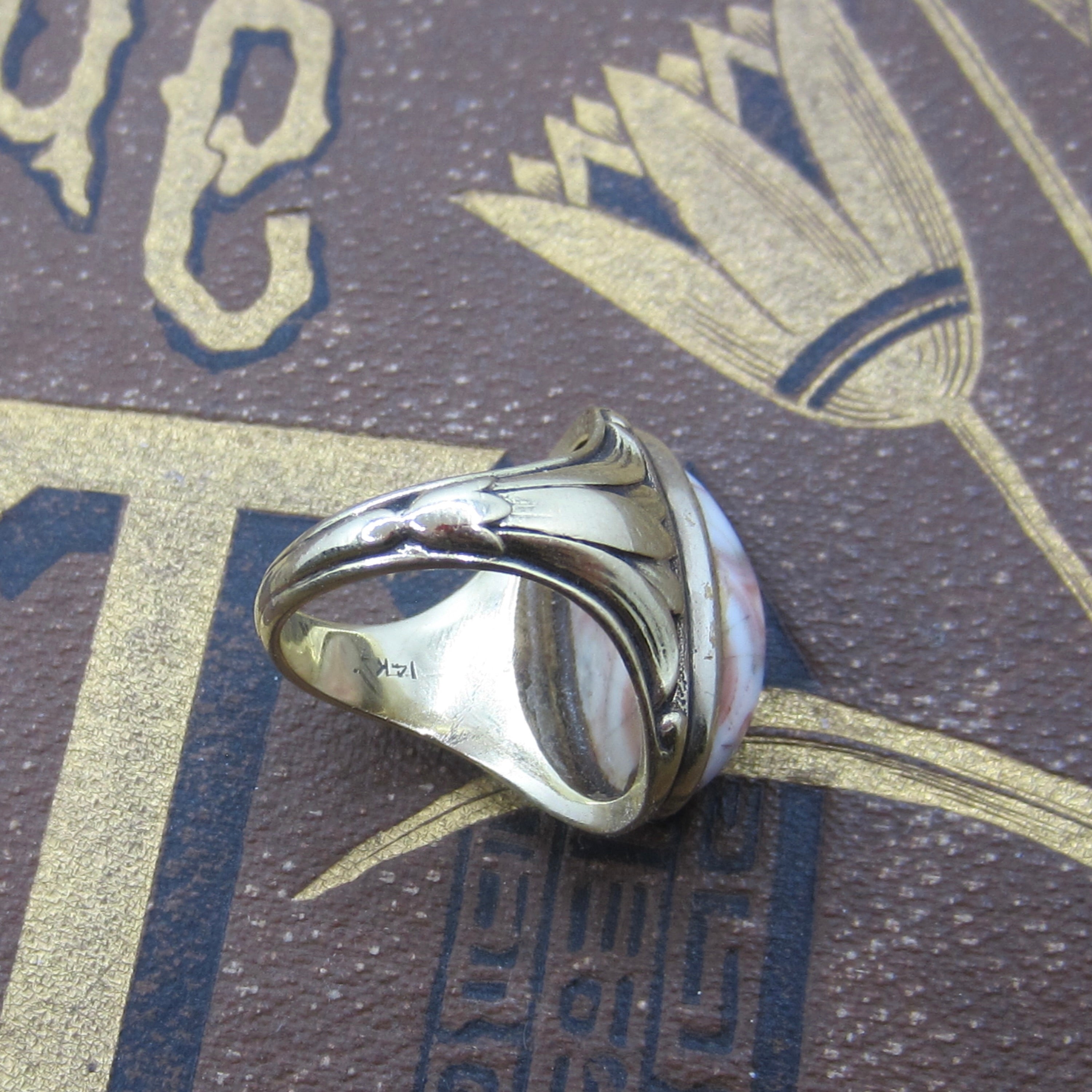 Antique Art Deco Egyptian Revival Lotus Flower Pink Ocean Jasper Ring c.1920s