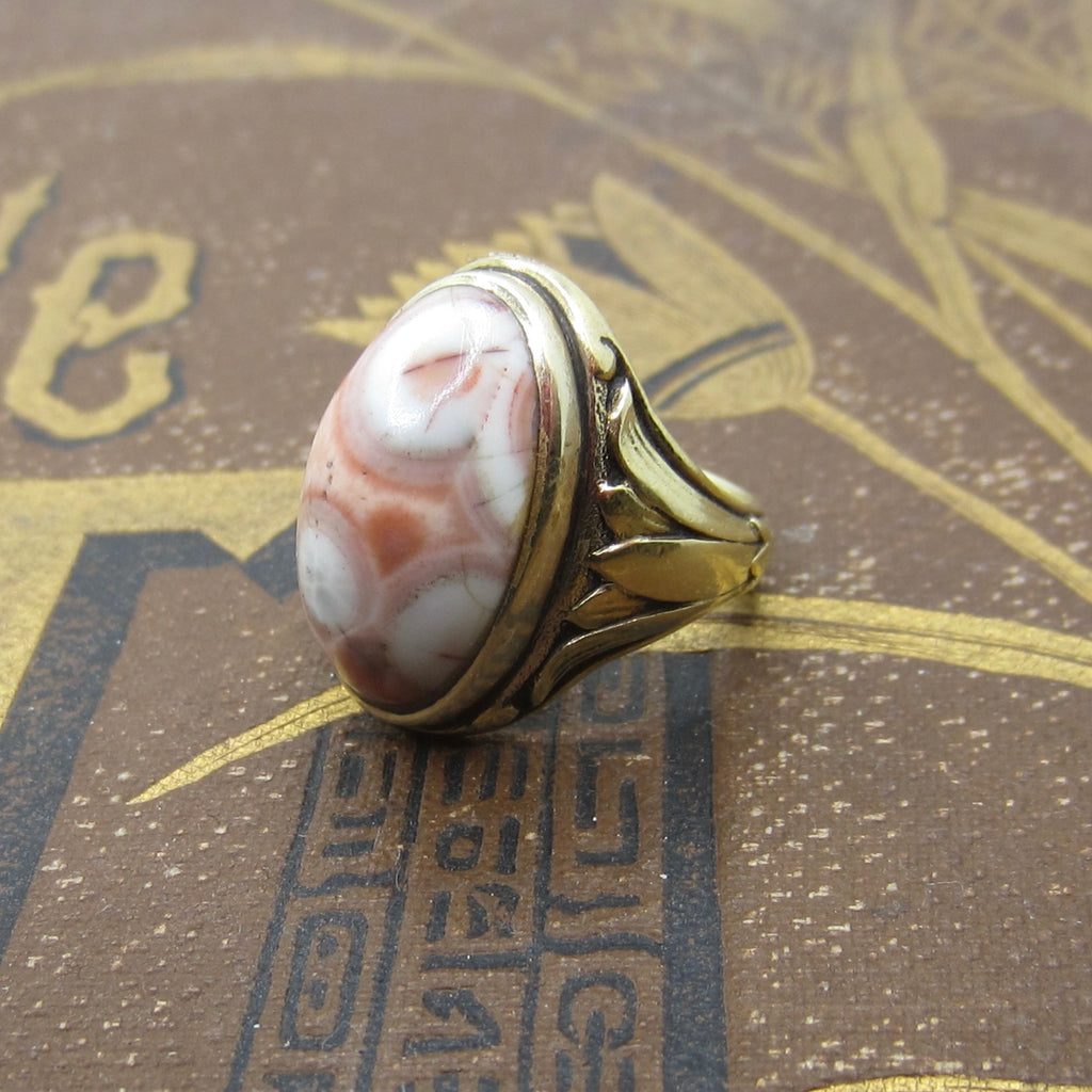 Antique Art Deco Egyptian Revival Lotus Flower Pink Ocean Jasper Ring c.1920s