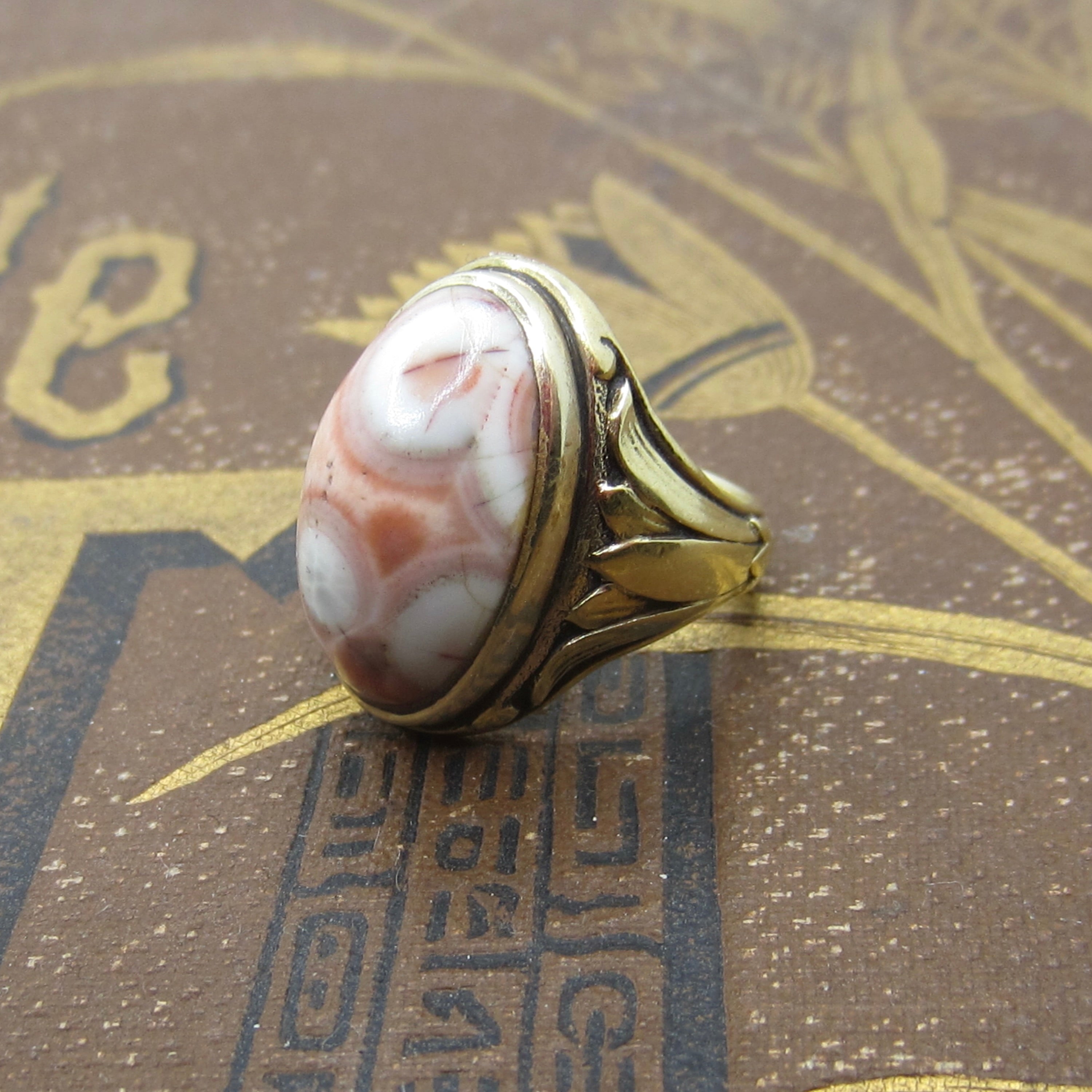 Antique Art Deco Egyptian Revival Lotus Flower Pink Ocean Jasper Ring c.1920s