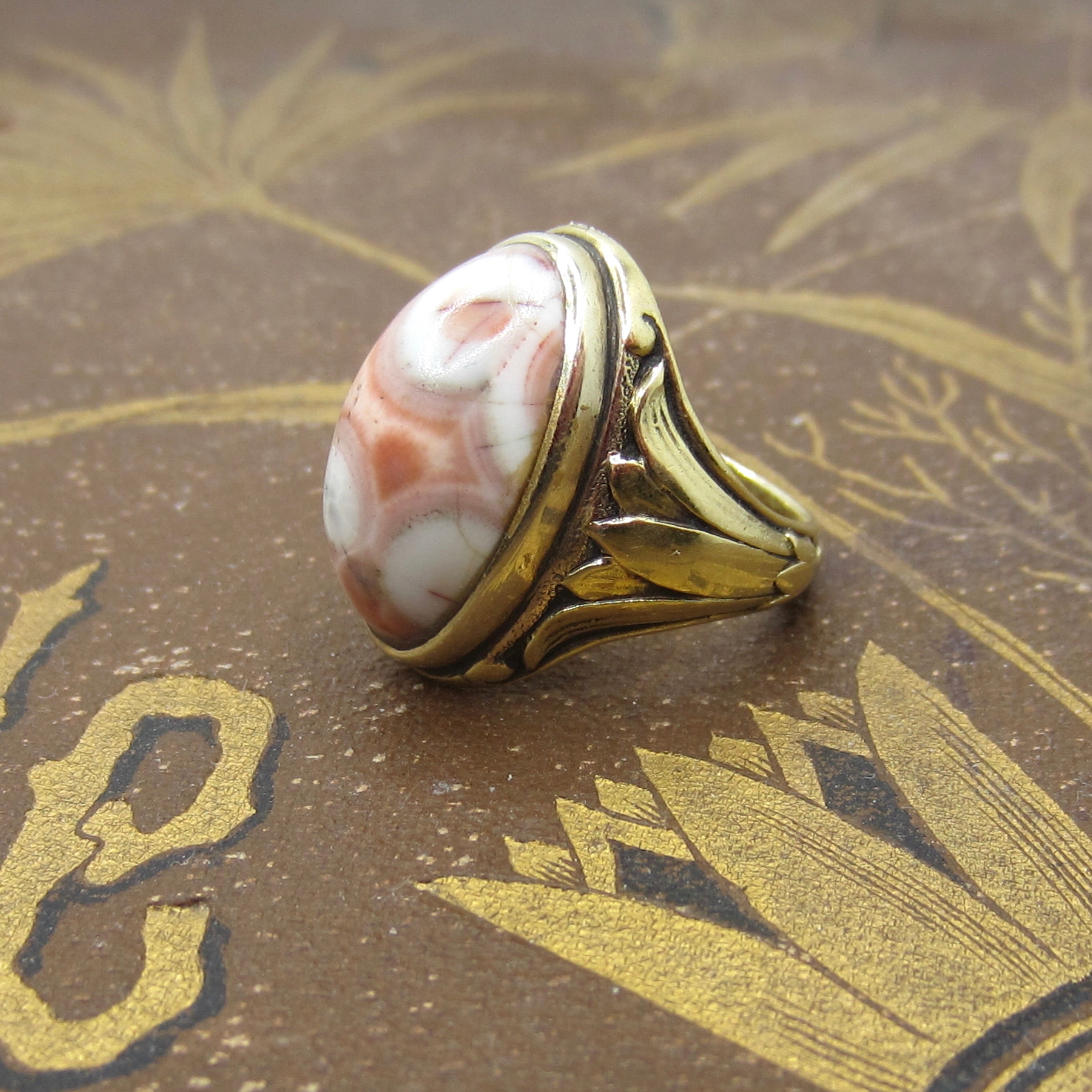 Antique Art Deco Egyptian Revival Lotus Flower Pink Ocean Jasper Ring c.1920s