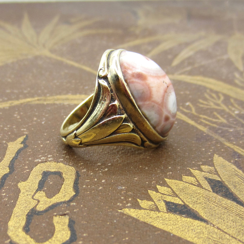 Antique Art Deco Egyptian Revival Lotus Flower Pink Ocean Jasper Ring c.1920s
