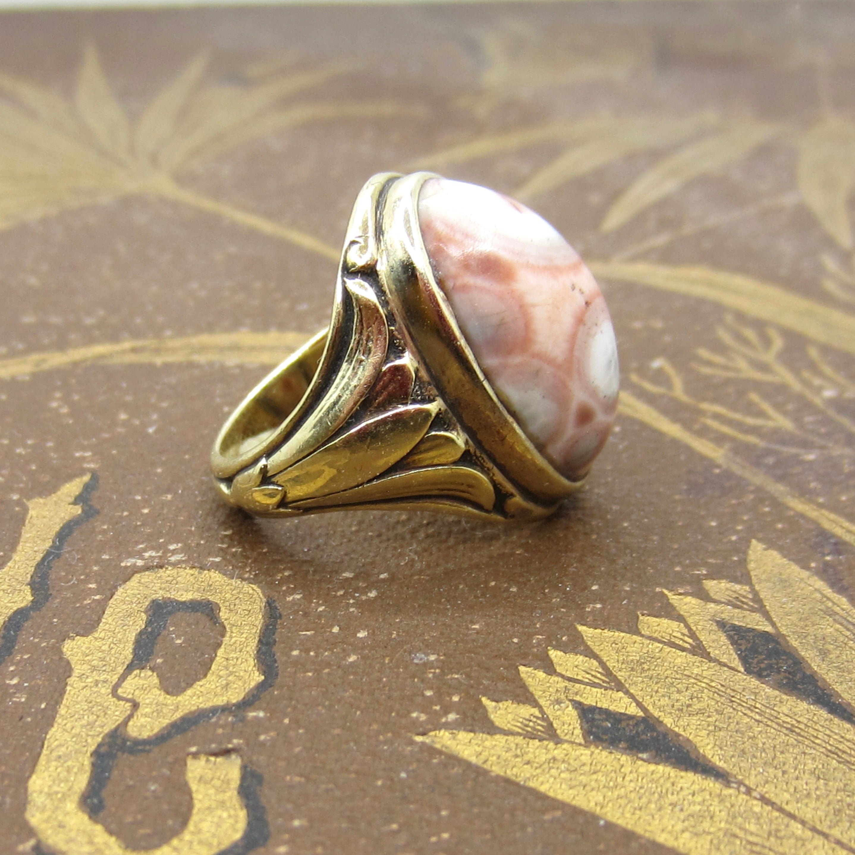 Antique Art Deco Egyptian Revival Lotus Flower Pink Ocean Jasper Ring c.1920s