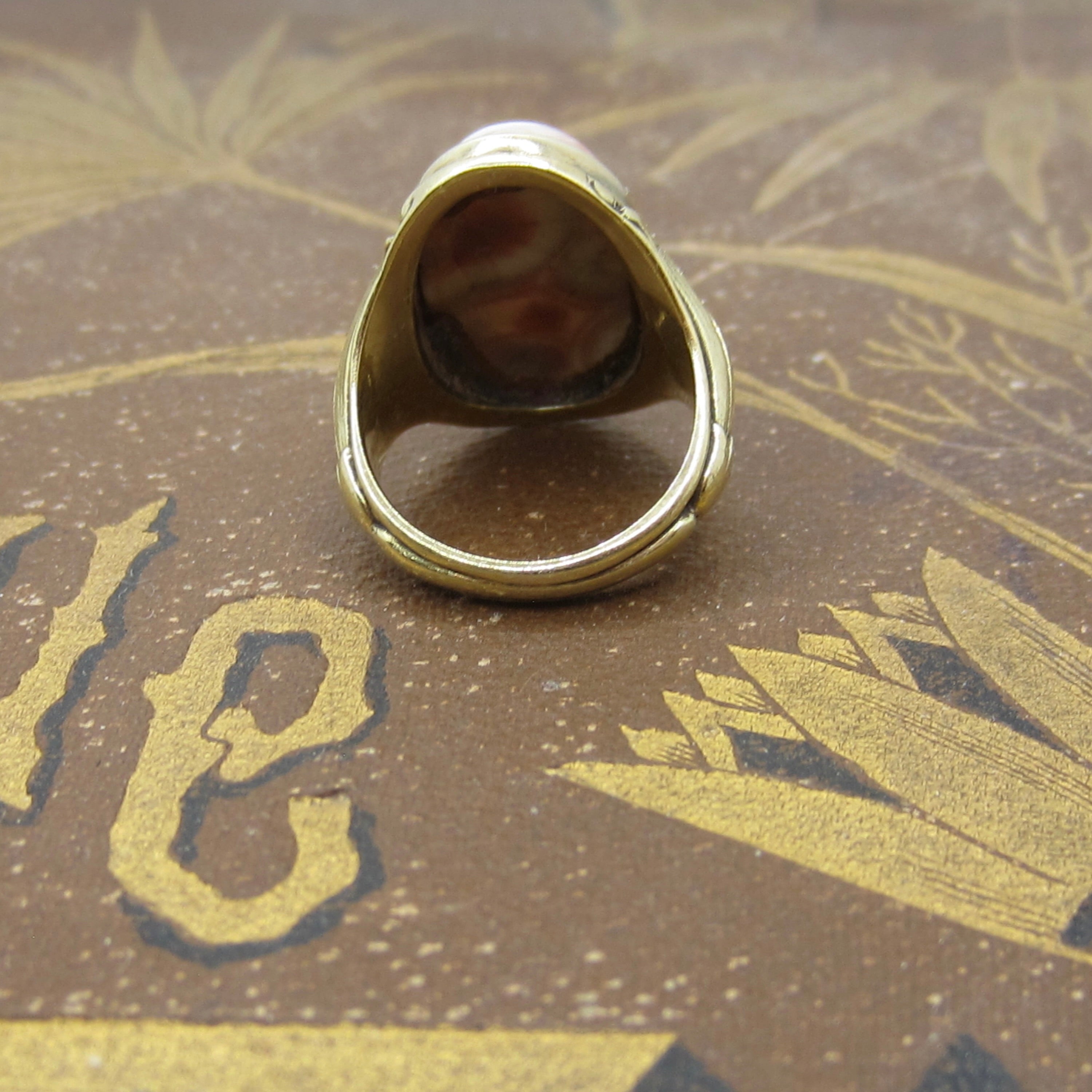 Antique Art Deco Egyptian Revival Lotus Flower Pink Ocean Jasper Ring c.1920s