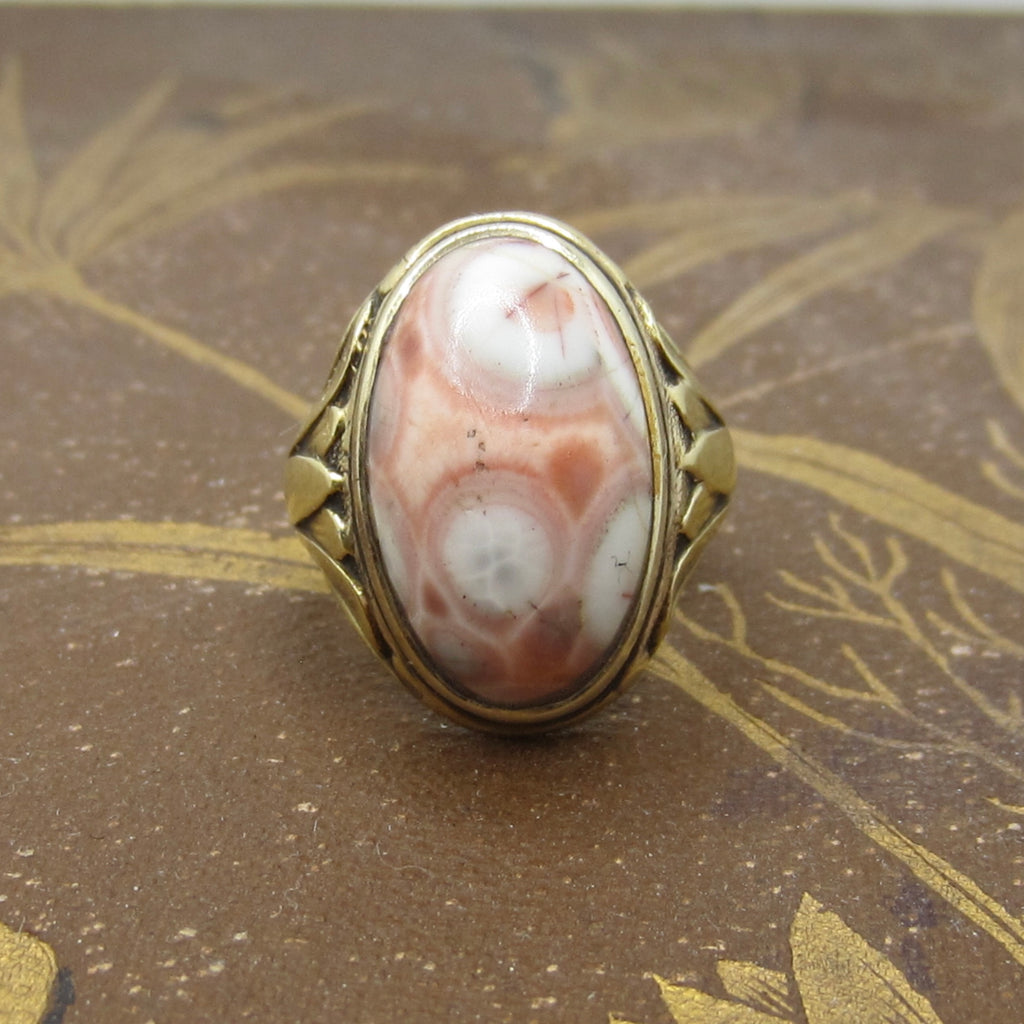 Antique Art Deco Egyptian Revival Lotus Flower Pink Ocean Jasper Ring c.1920s