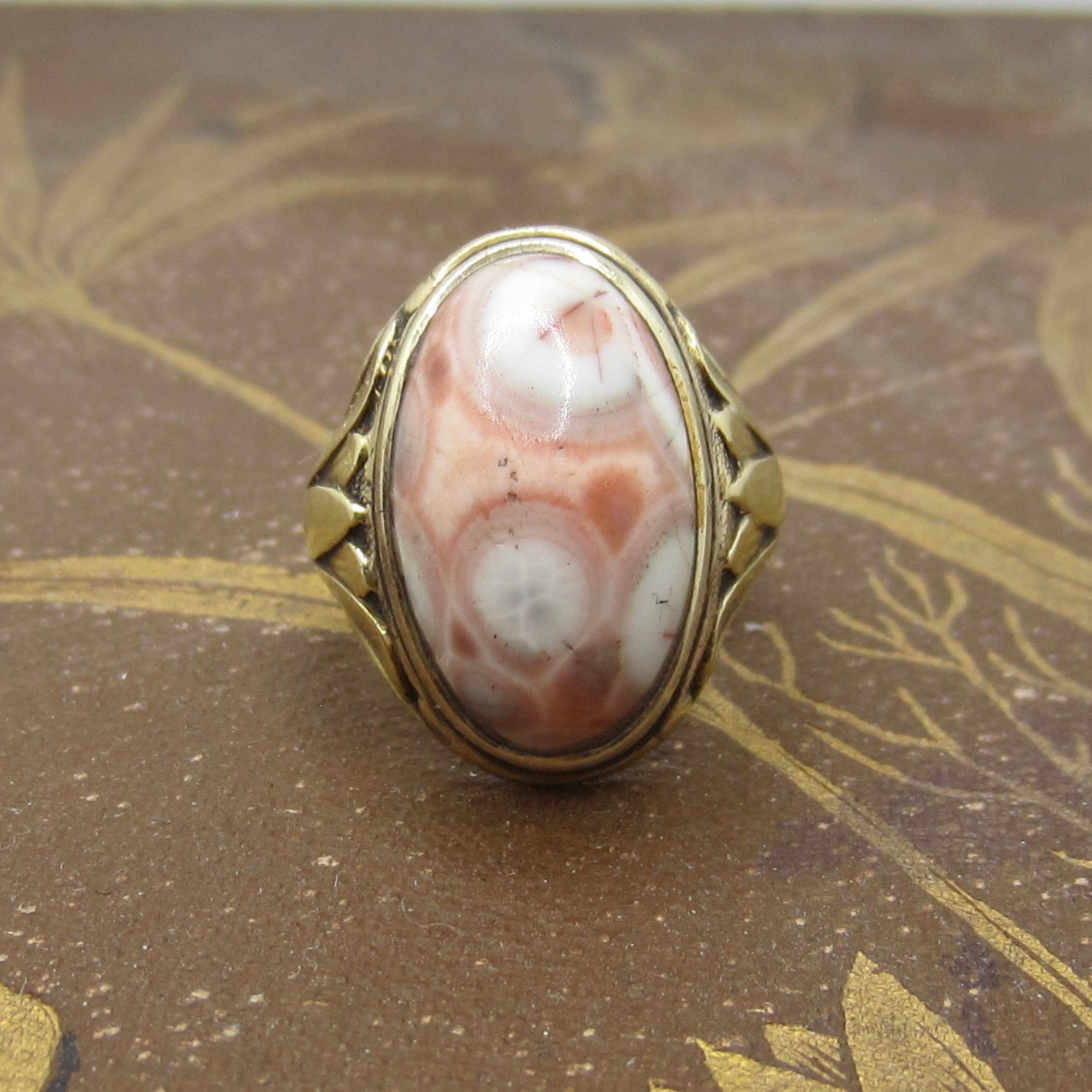 Antique Art Deco Egyptian Revival Lotus Flower Pink Ocean Jasper Ring c.1920s