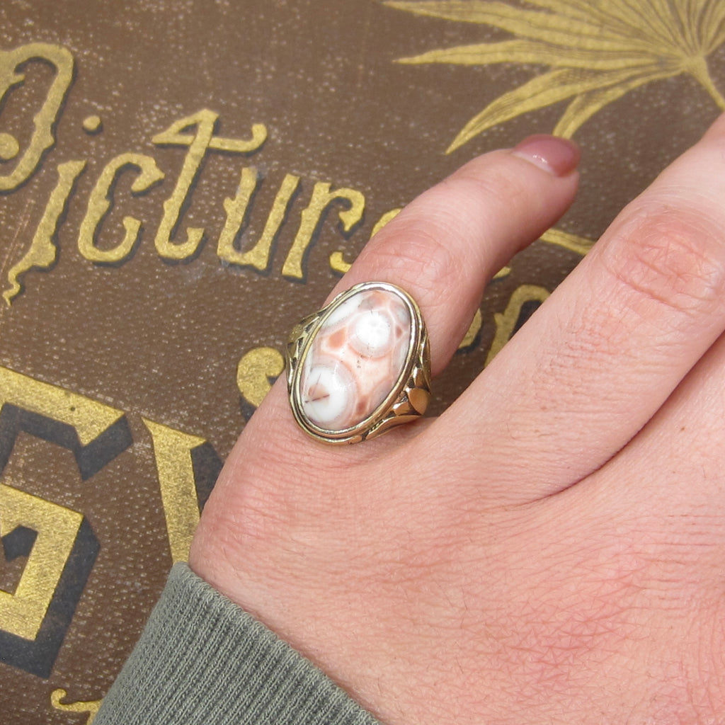 Antique Art Deco Egyptian Revival Lotus Flower Pink Ocean Jasper Ring c.1920s