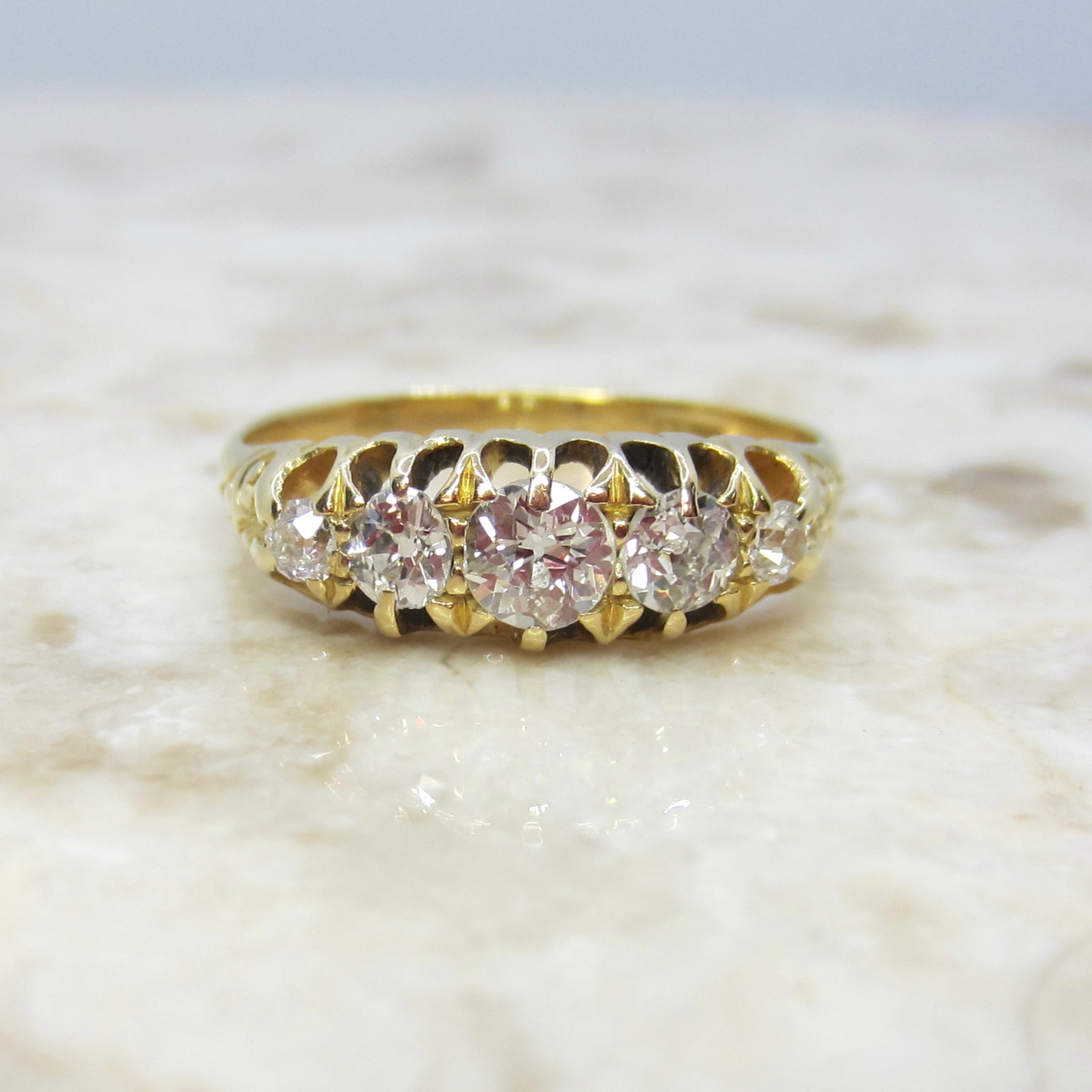 Antique 18k Gold Old European Cut Diamond Five Stone Band c.1900