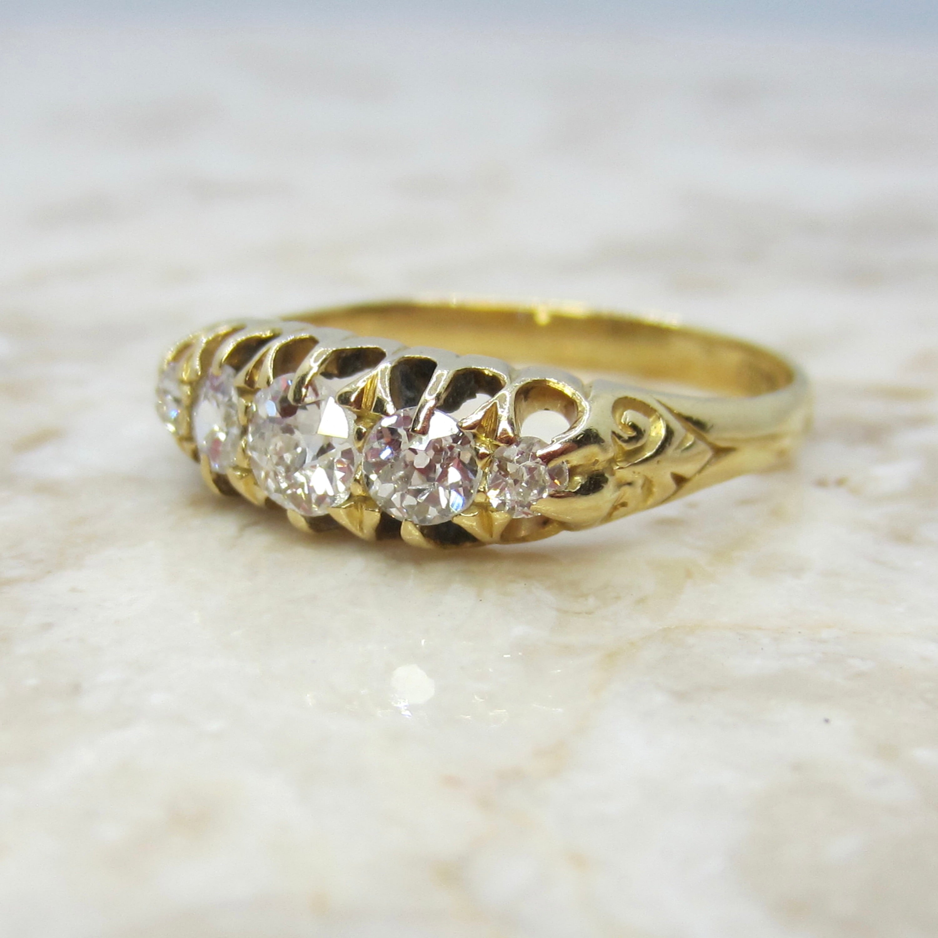 Antique 18k Gold Old European Cut Diamond Five Stone Band c.1900