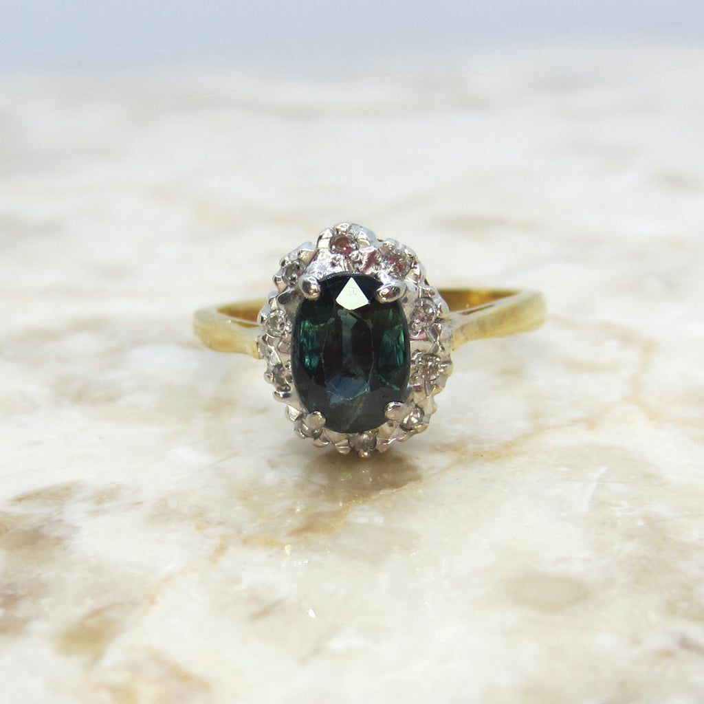 Vintage 18k Gold Natural Sapphire and Diamond Halo Ring c.1970s