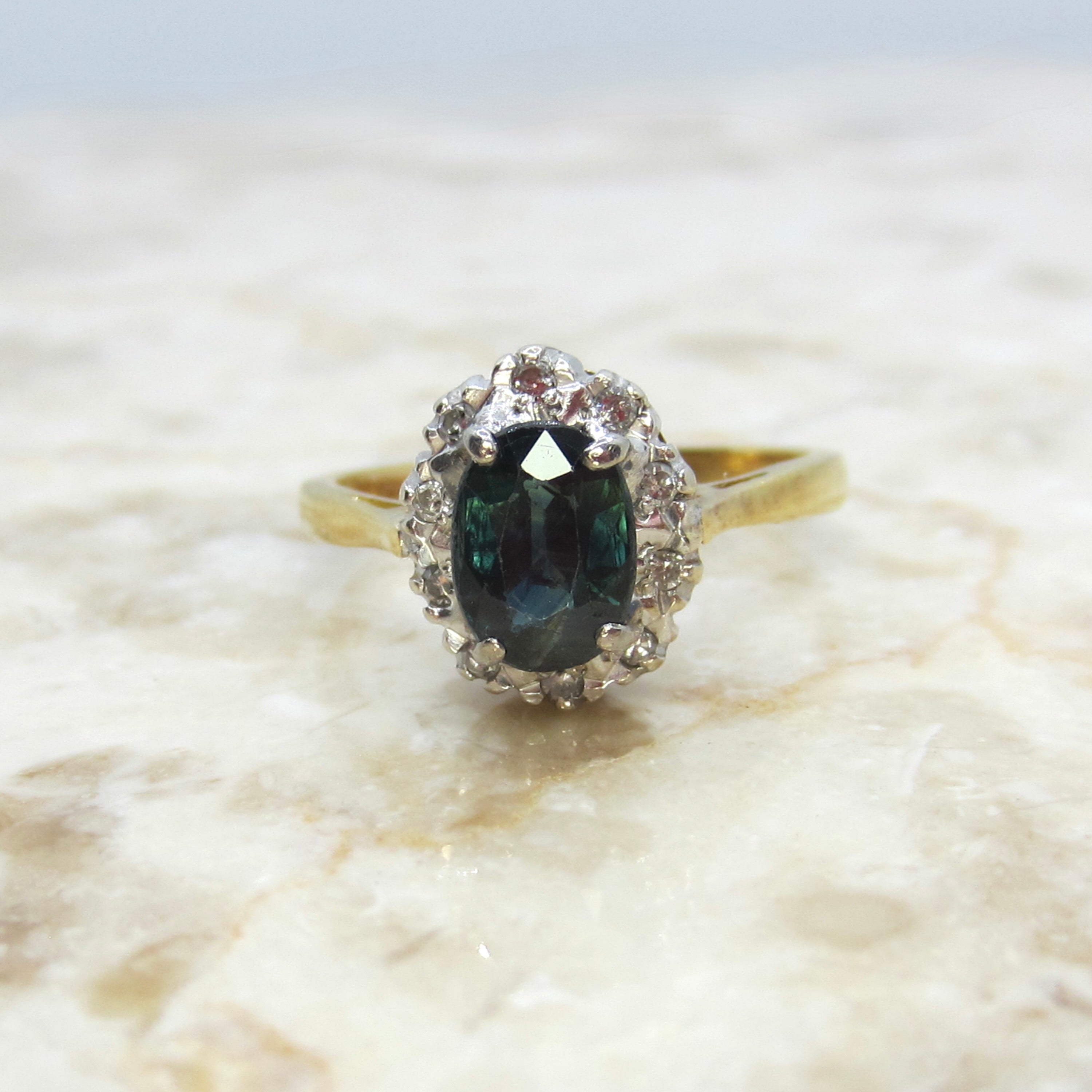 Vintage 18k Gold Natural Sapphire and Diamond Halo Ring c.1970s