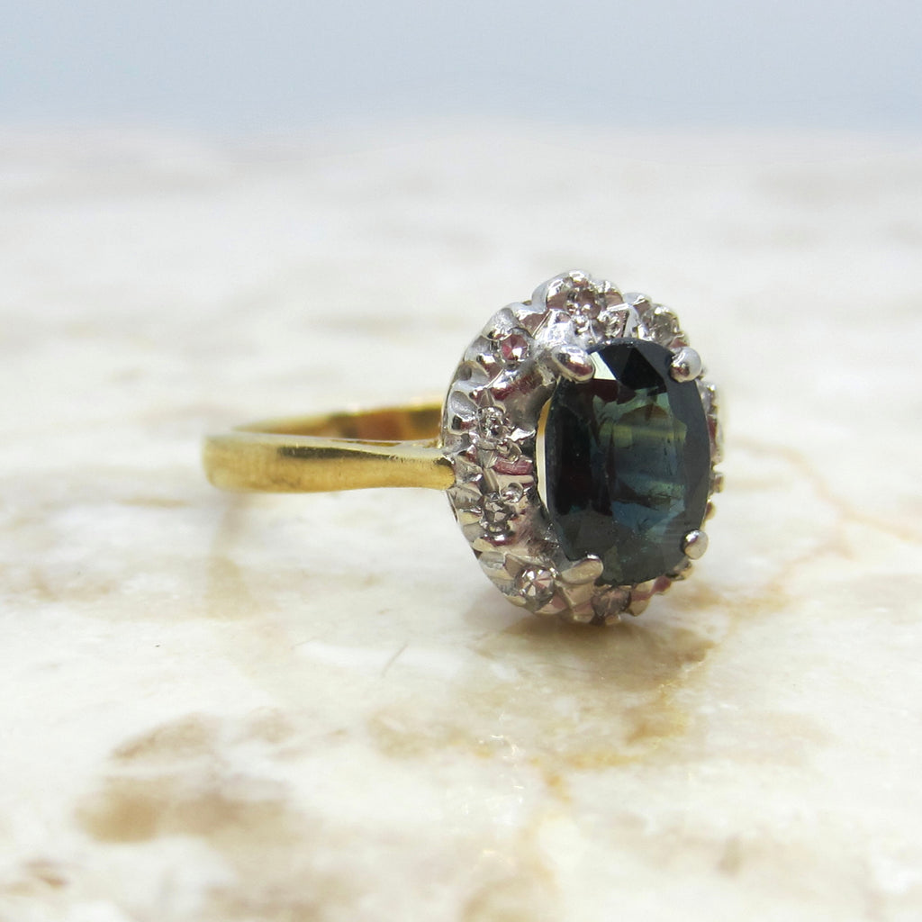 Vintage 18k Gold Natural Sapphire and Diamond Halo Ring c.1970s