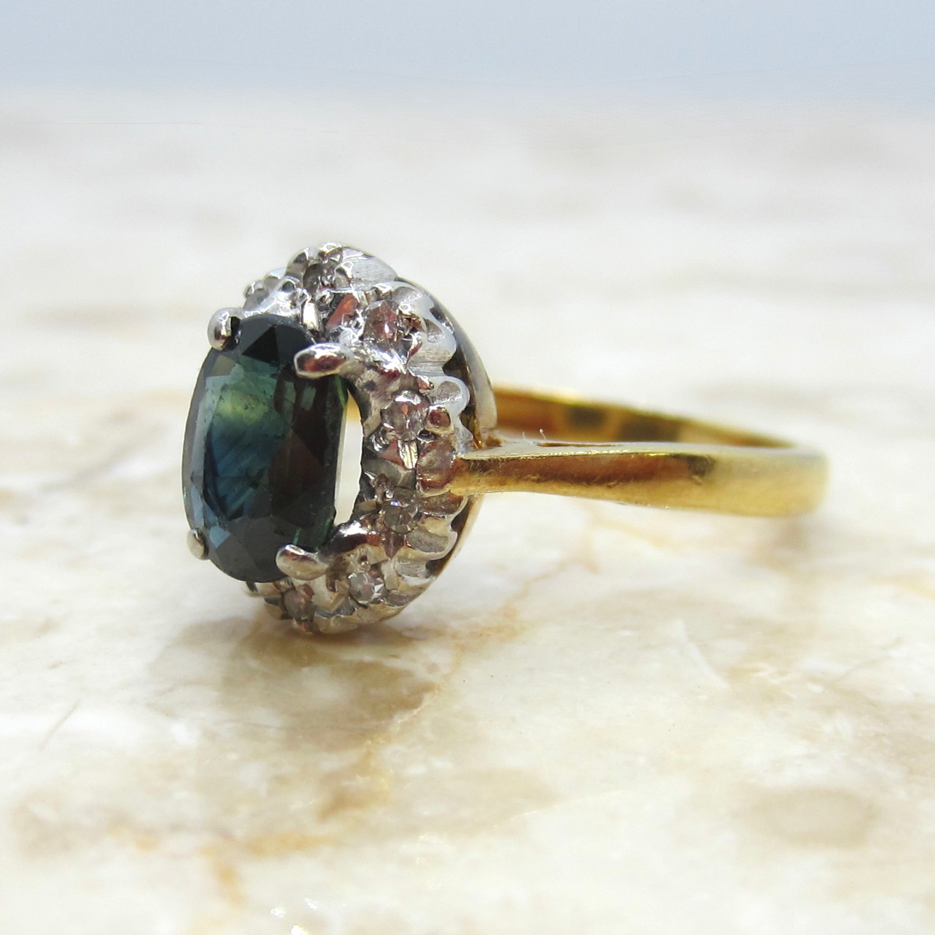 Vintage 18k Gold Natural Sapphire and Diamond Halo Ring c.1970s