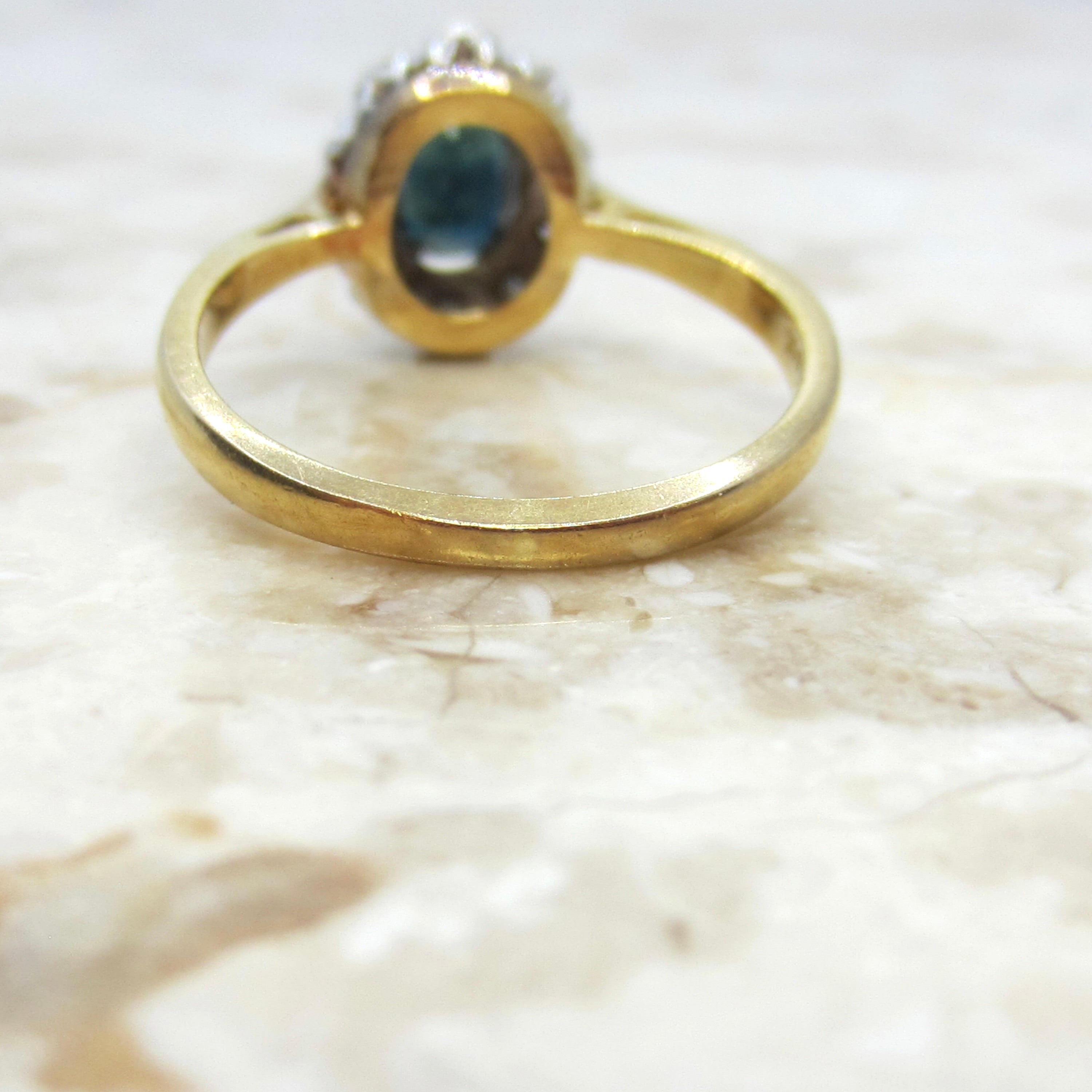 Vintage 18k Gold Natural Sapphire and Diamond Halo Ring c.1970s
