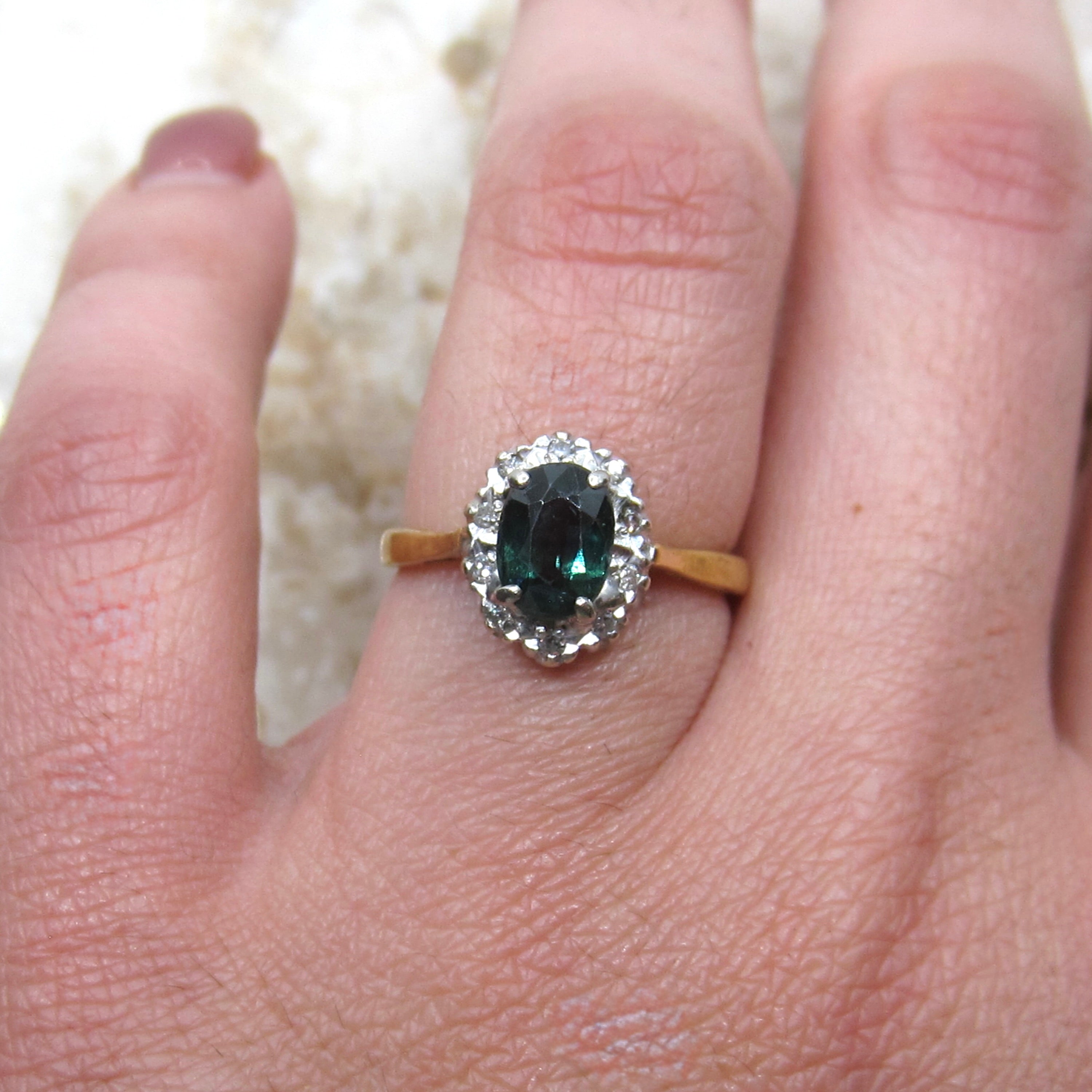 Vintage 18k Gold Natural Sapphire and Diamond Halo Ring c.1970s
