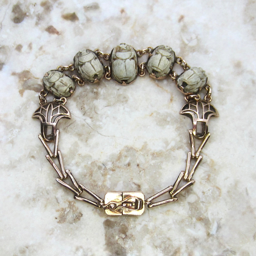 Vintage Egyptian Revival 14k Gold and Faience Scarab Bracelet Lotus Details c.1970s